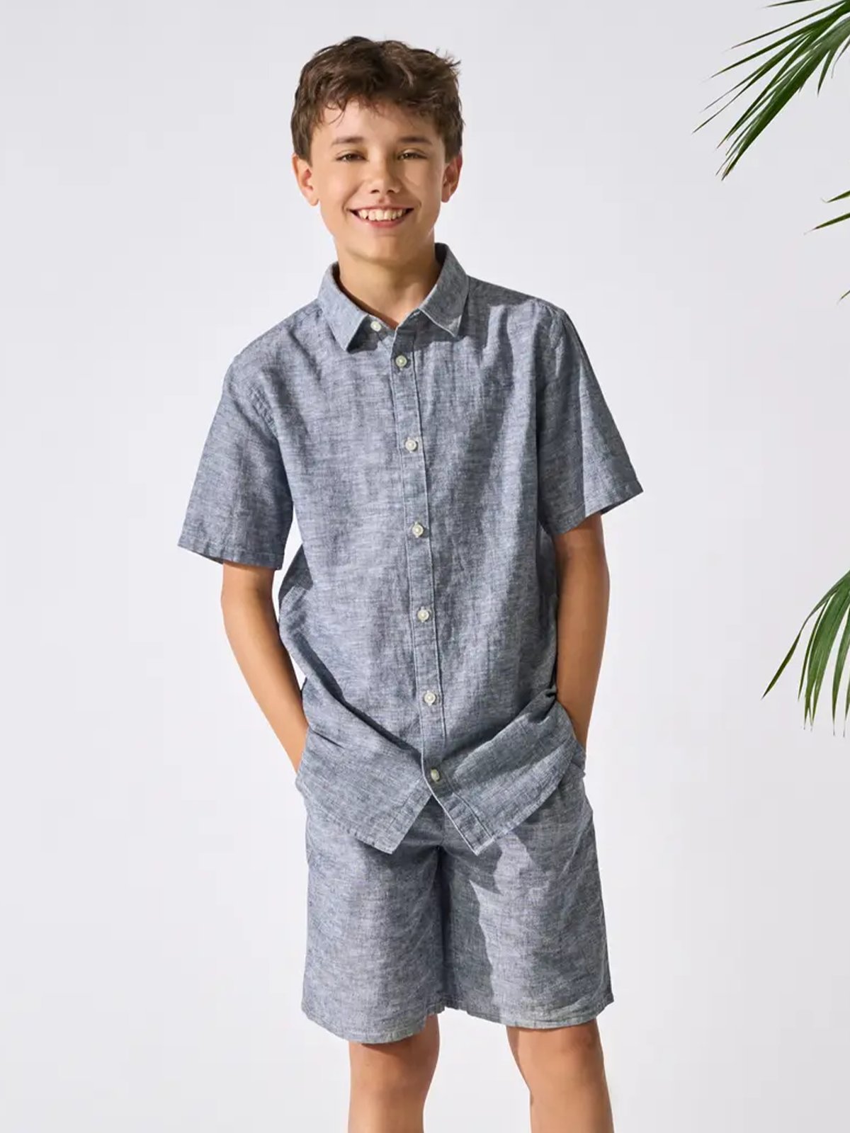 Only & Sons Jr Caiden Life Short Sleeve Solid Linen Shirt Woven Dress Blues