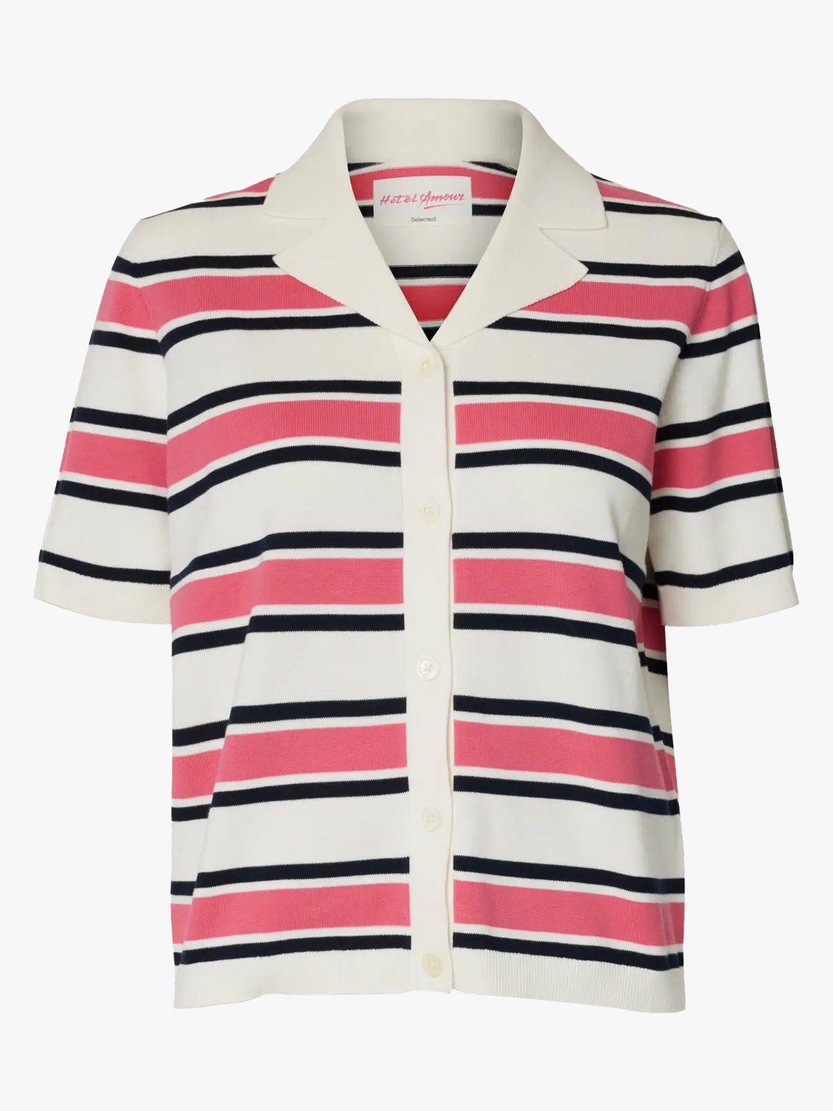 Selected Femme Hotel Amour Short Sleeve Knit Polo Cardigan Egret Hot Pink and Sky Captain