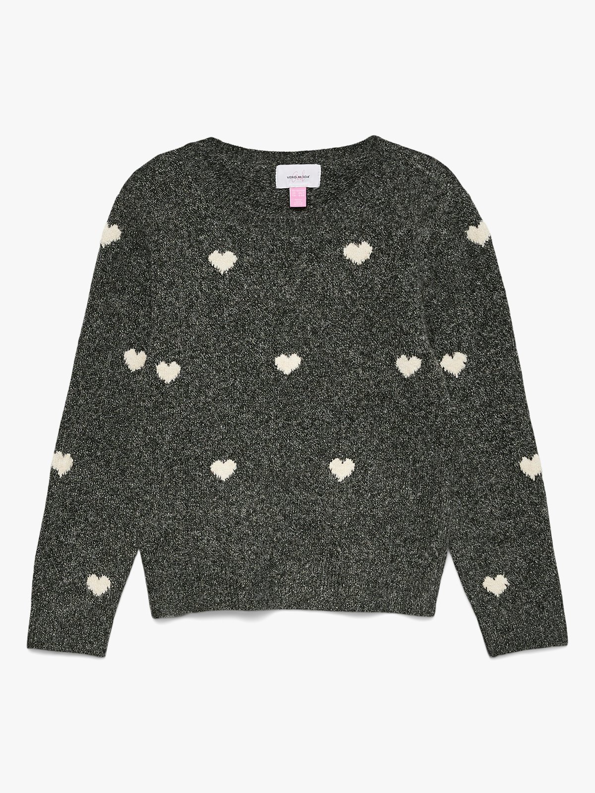 Vero Moda Girl Doffy Intarsia Long Sleeve O-Nck Pullover Dark Grey Melange W. White Hearts