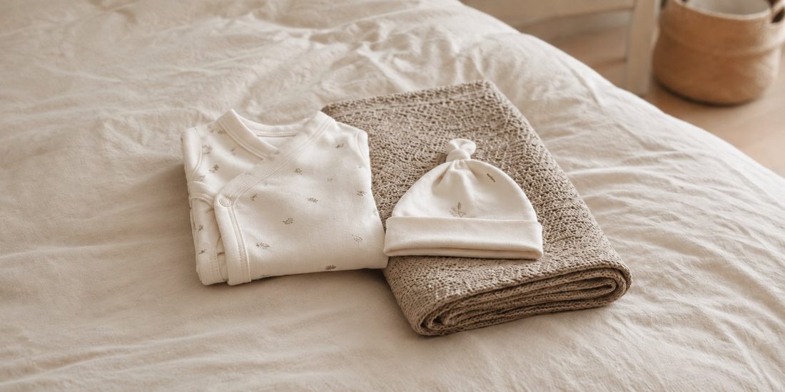 Folded baby body, lue og pledd på sengen