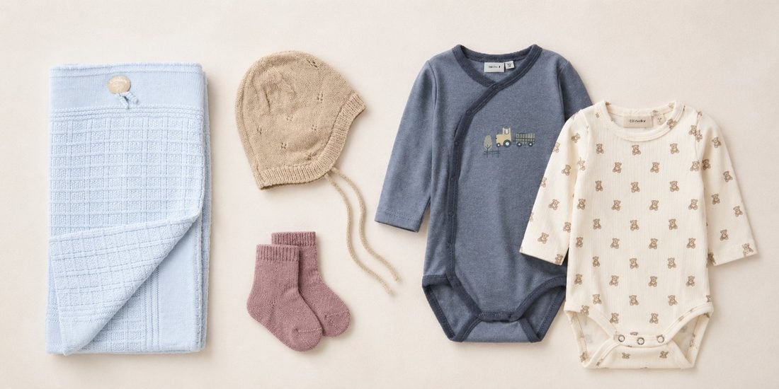 Babyklær flatlay med pledd, lue, sokker og bodyer
