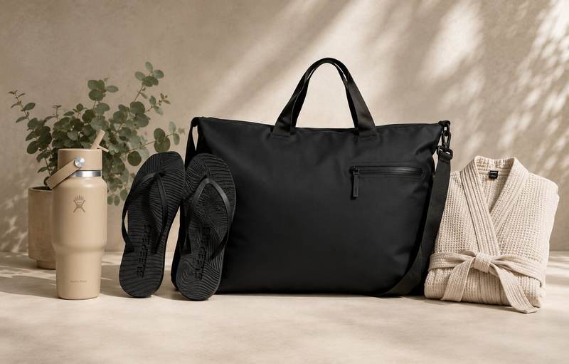 Sort weekendbag med slippers, drikkeflaske og vaffelmønstret morgenkåpe