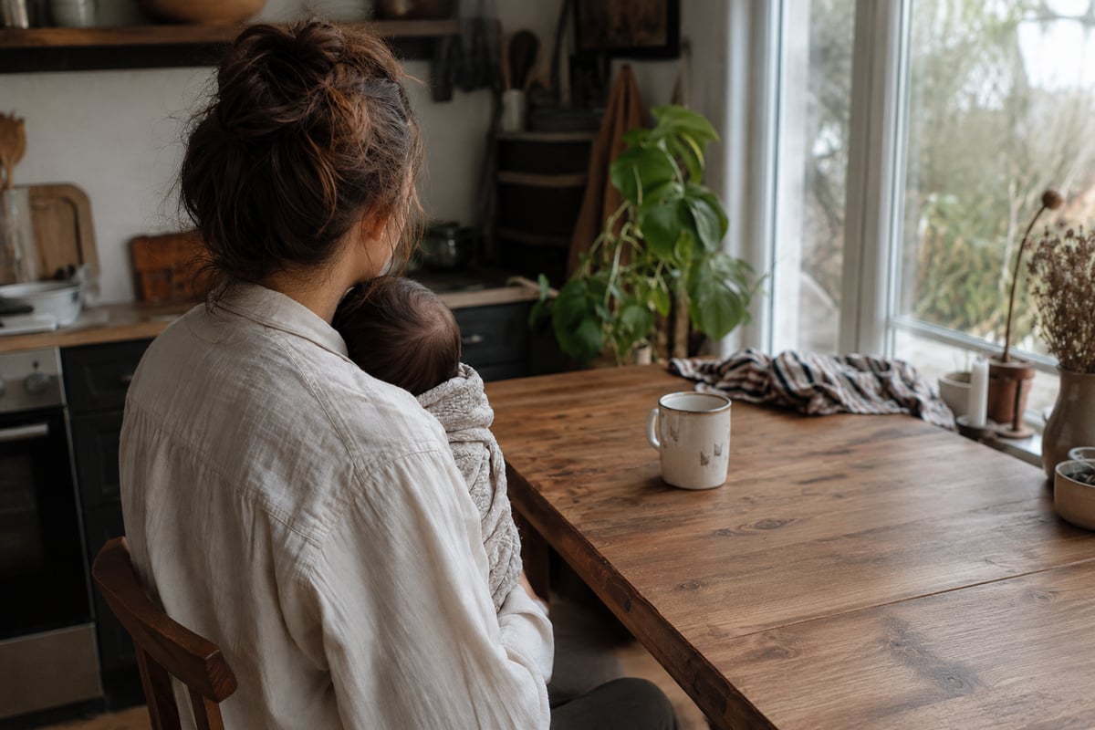 Kvinne med baby på armen ved kjøkkenbord