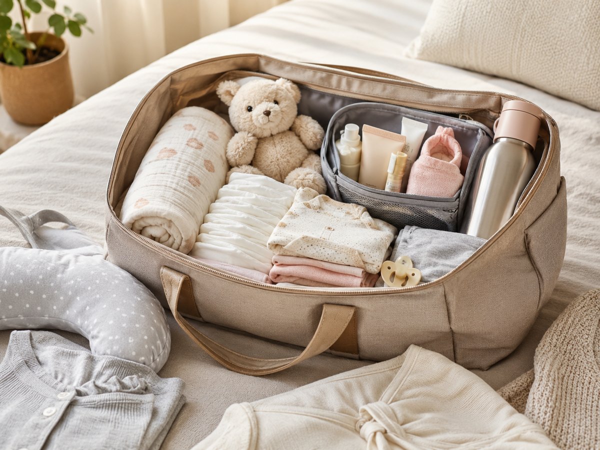 Sort weekendbag med slippers, drikkeflaske og vaffelmønstret morgenkåpe
