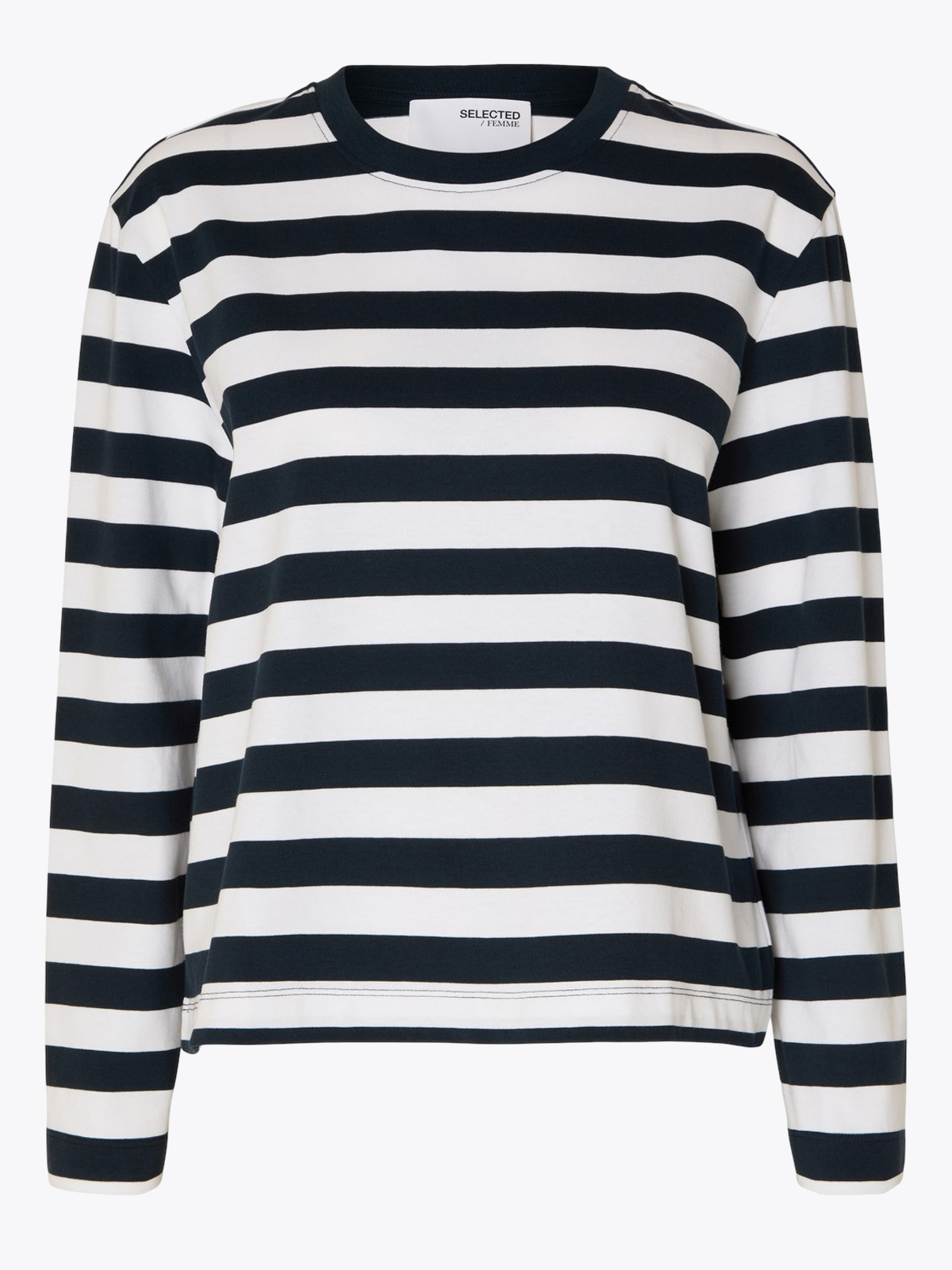Selected Femme Essential Long Sleeve Striped Boxy Tee Dark Sapphire Bright White