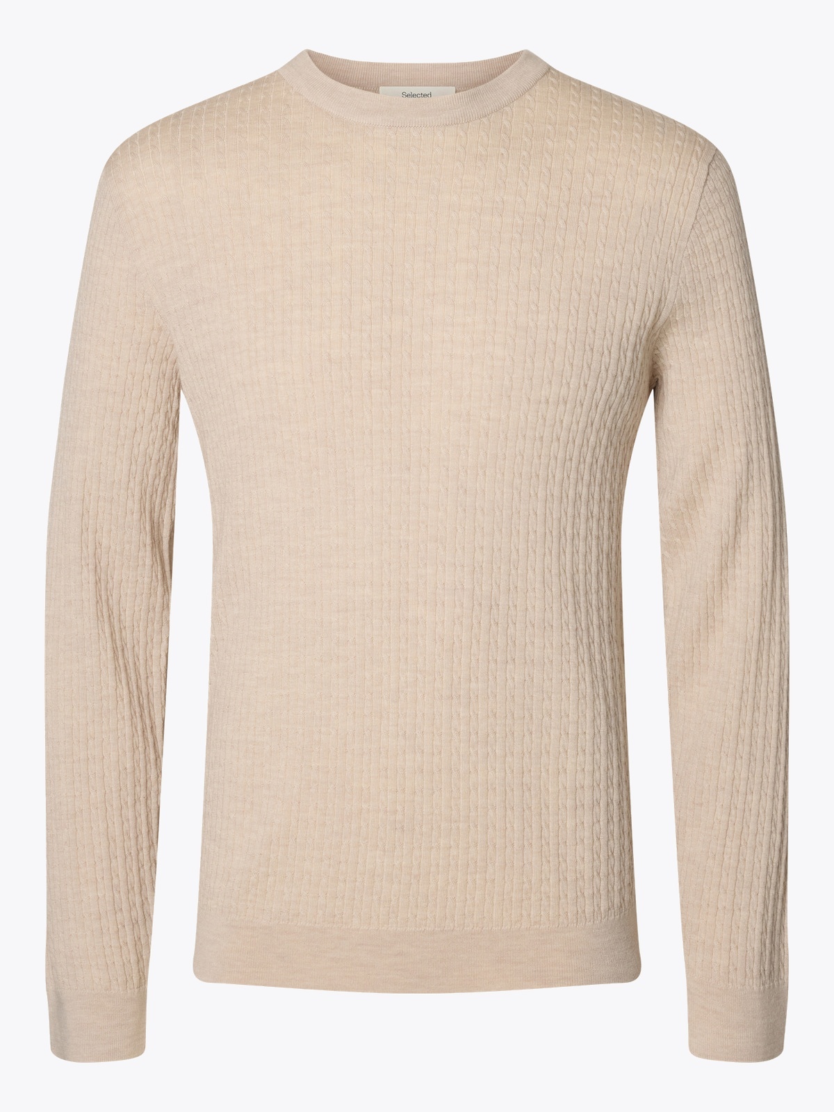 Selected Homme Tray Long Sleeve Knit Merino Cable Crew Oatmeal
