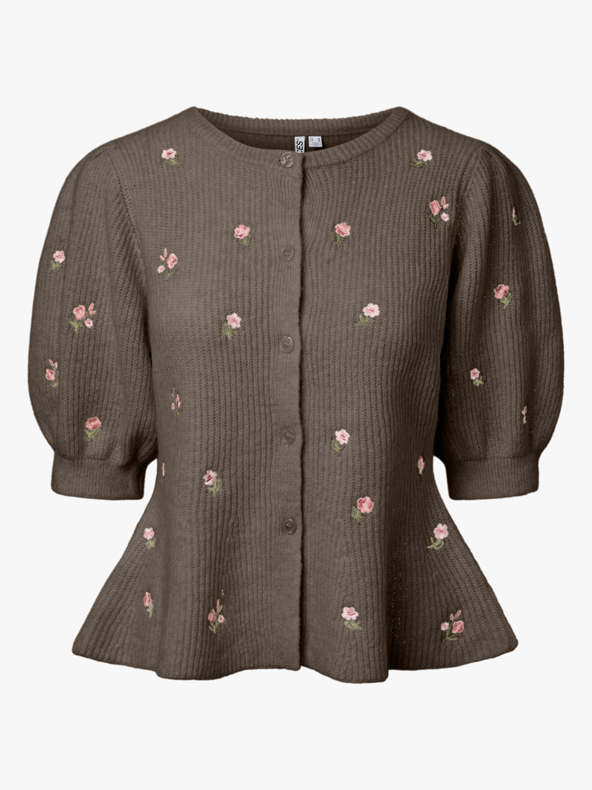 Pieces Silly Short Sleeve Puff Embroidered Knit Cardigan Morel