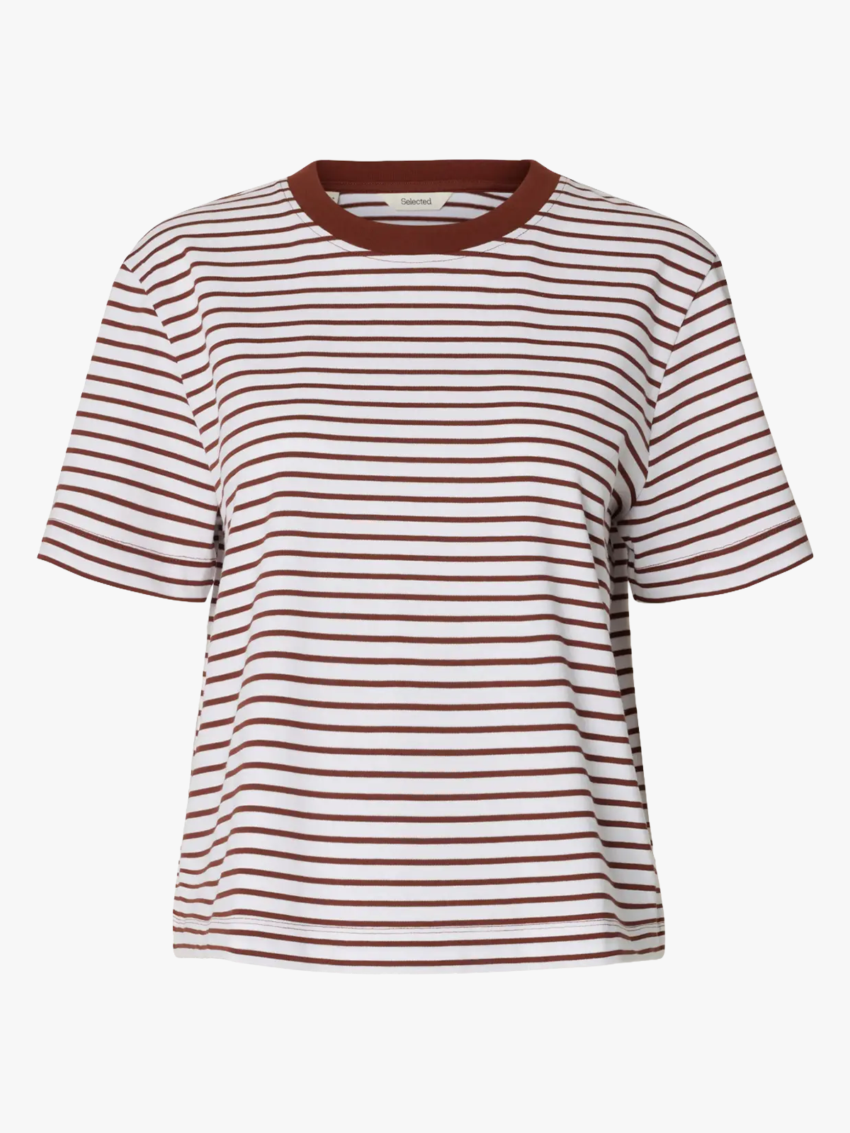 Selected Femme Essential Short Sleeve Striped Boxy Tee Cherry Mahogany / Bright White