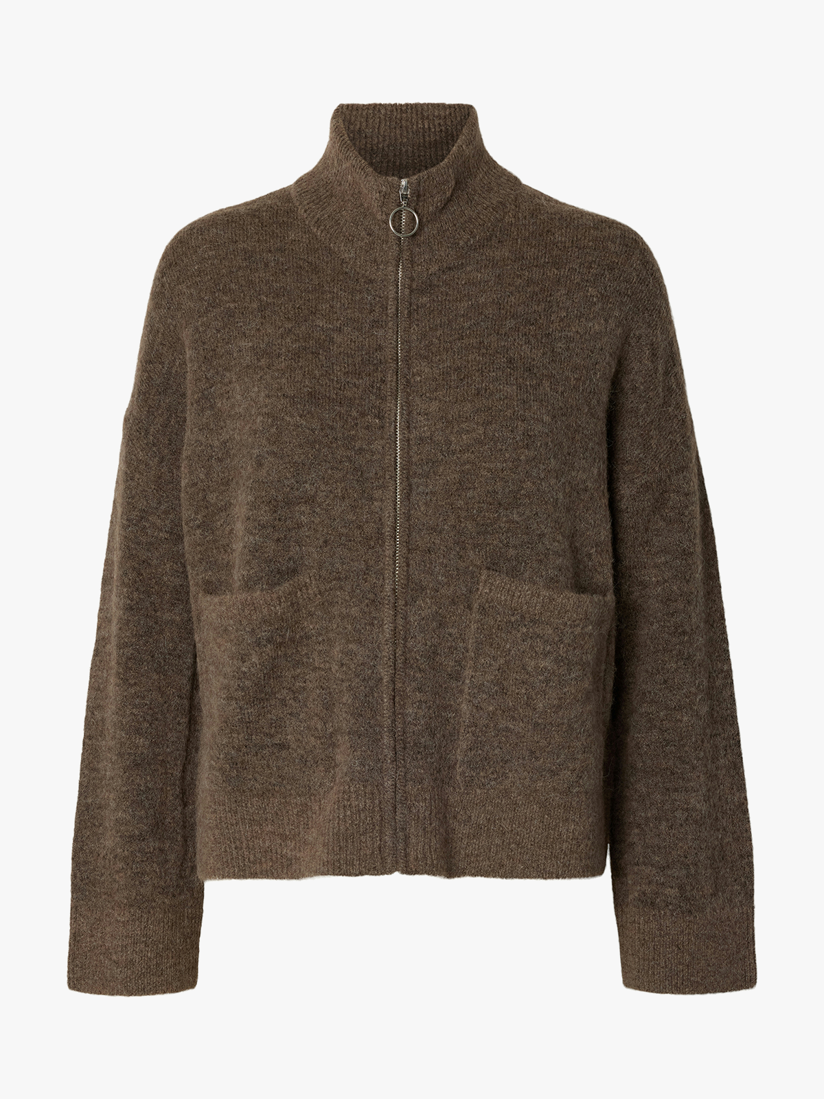 Selected Femme Sia Ras Long Sleeve Knit Zipper Cardigan Chocolate Chip