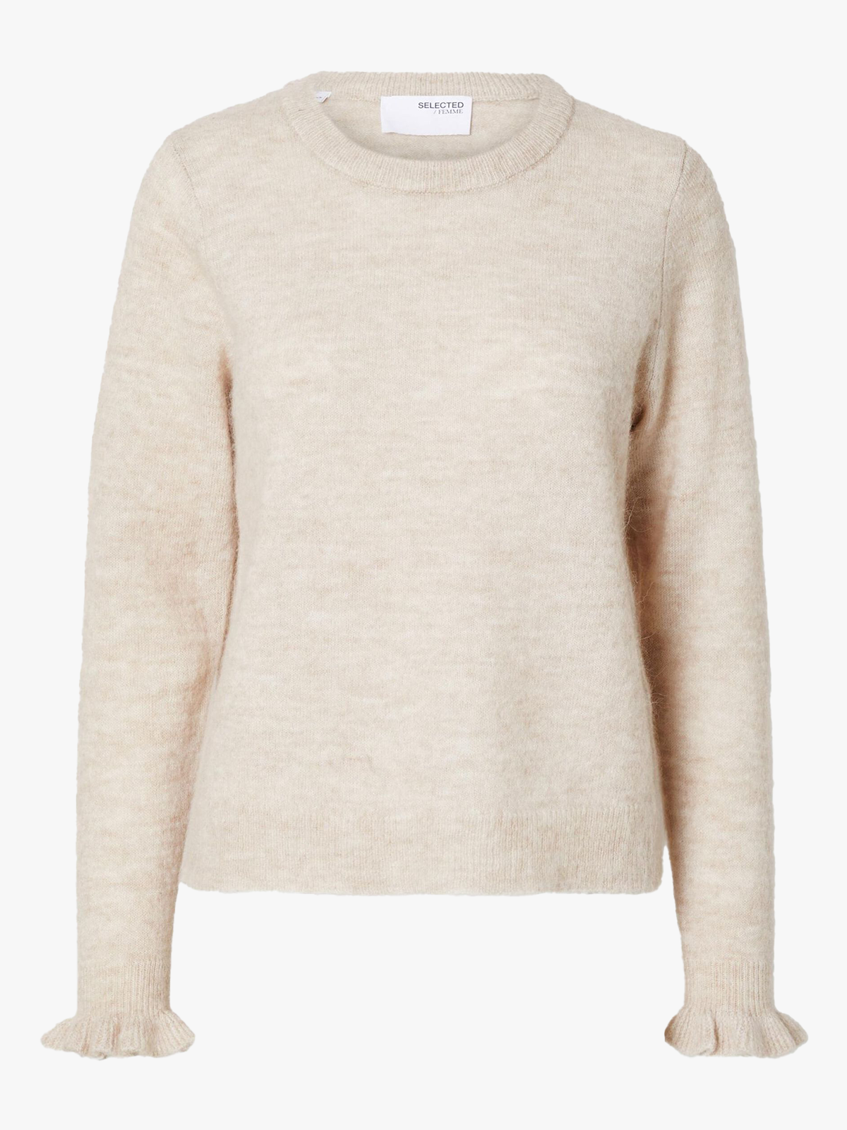 Selected Femme Lulu Long Sleeve Knit Frill Cuff O-Neck Birch Melange