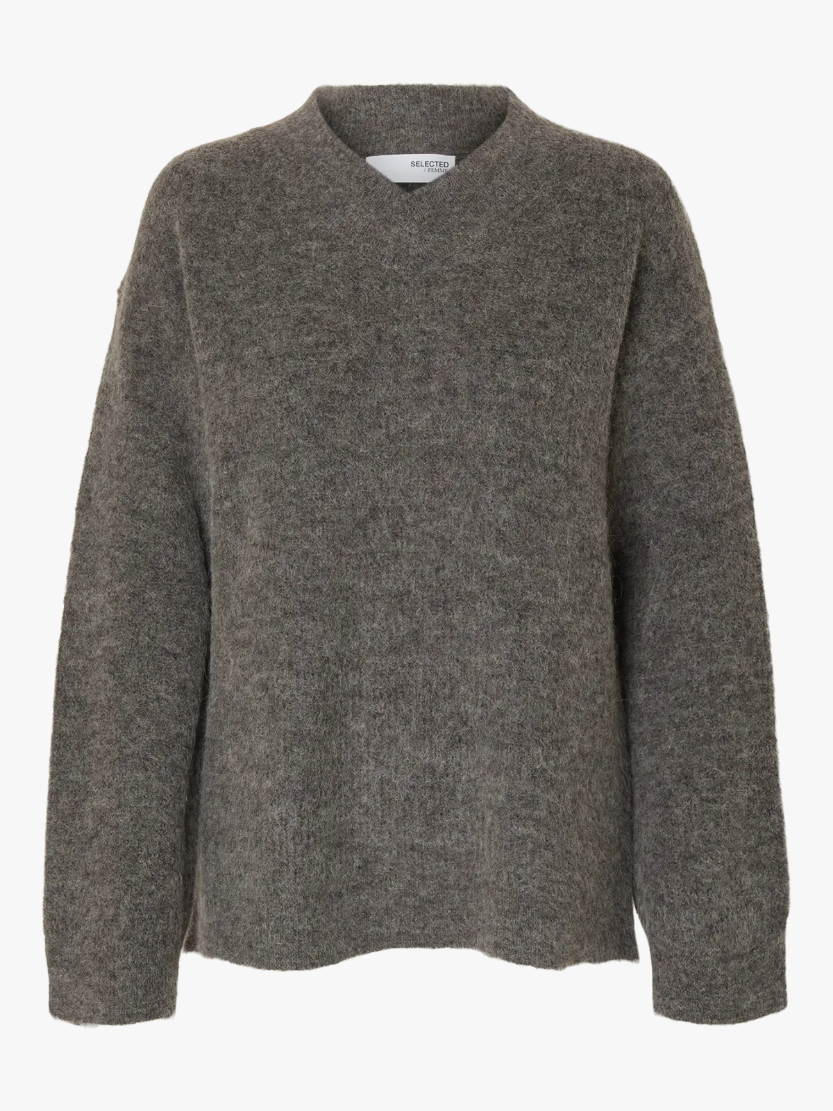 Selected Femme Sia Ras Long Sleeve Knit Long V-Neck Medium Grey Melange