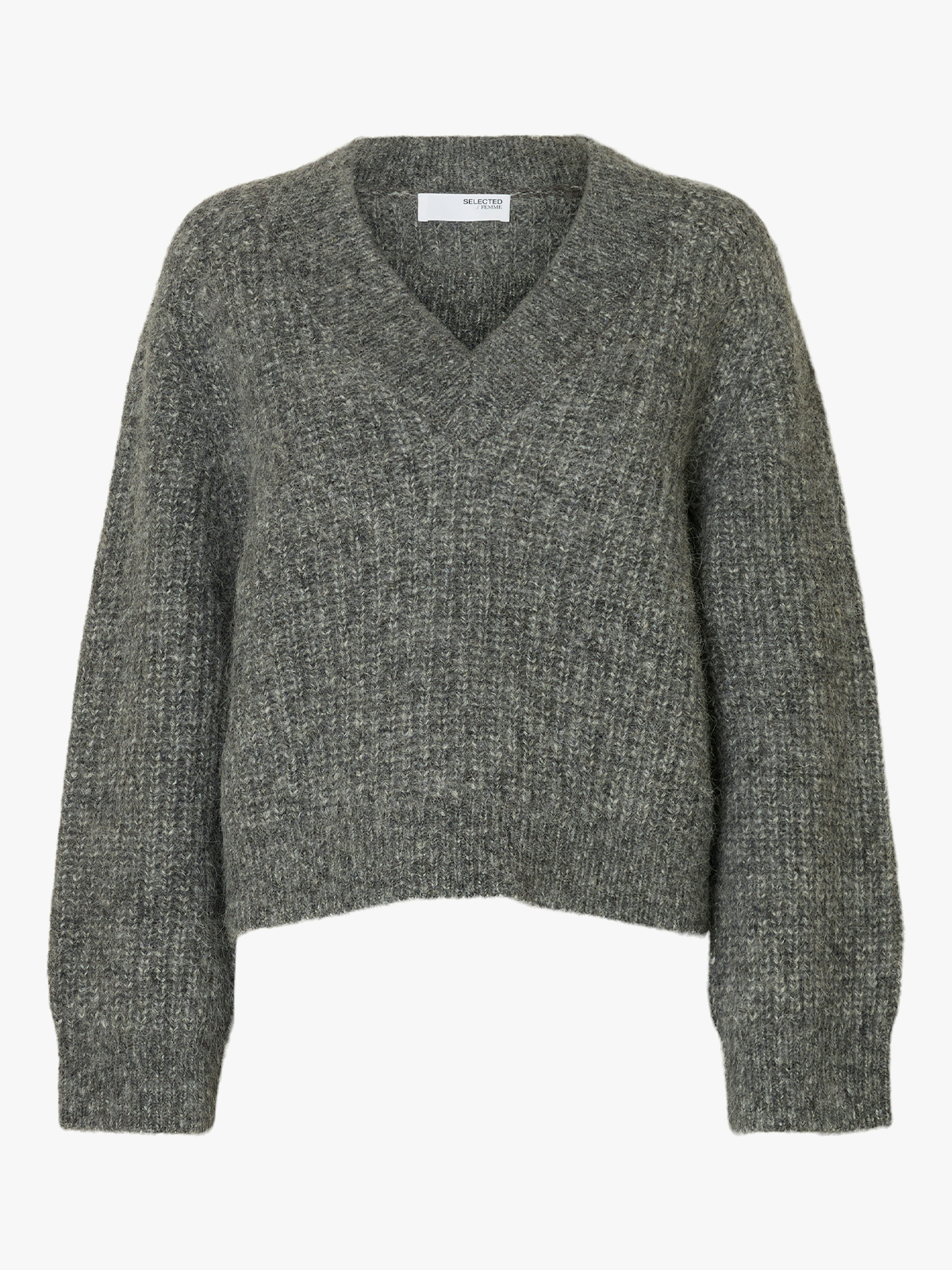 Selected Femme Anjuli Long Sleeve Knit V-Neck Medium Grey Melange
