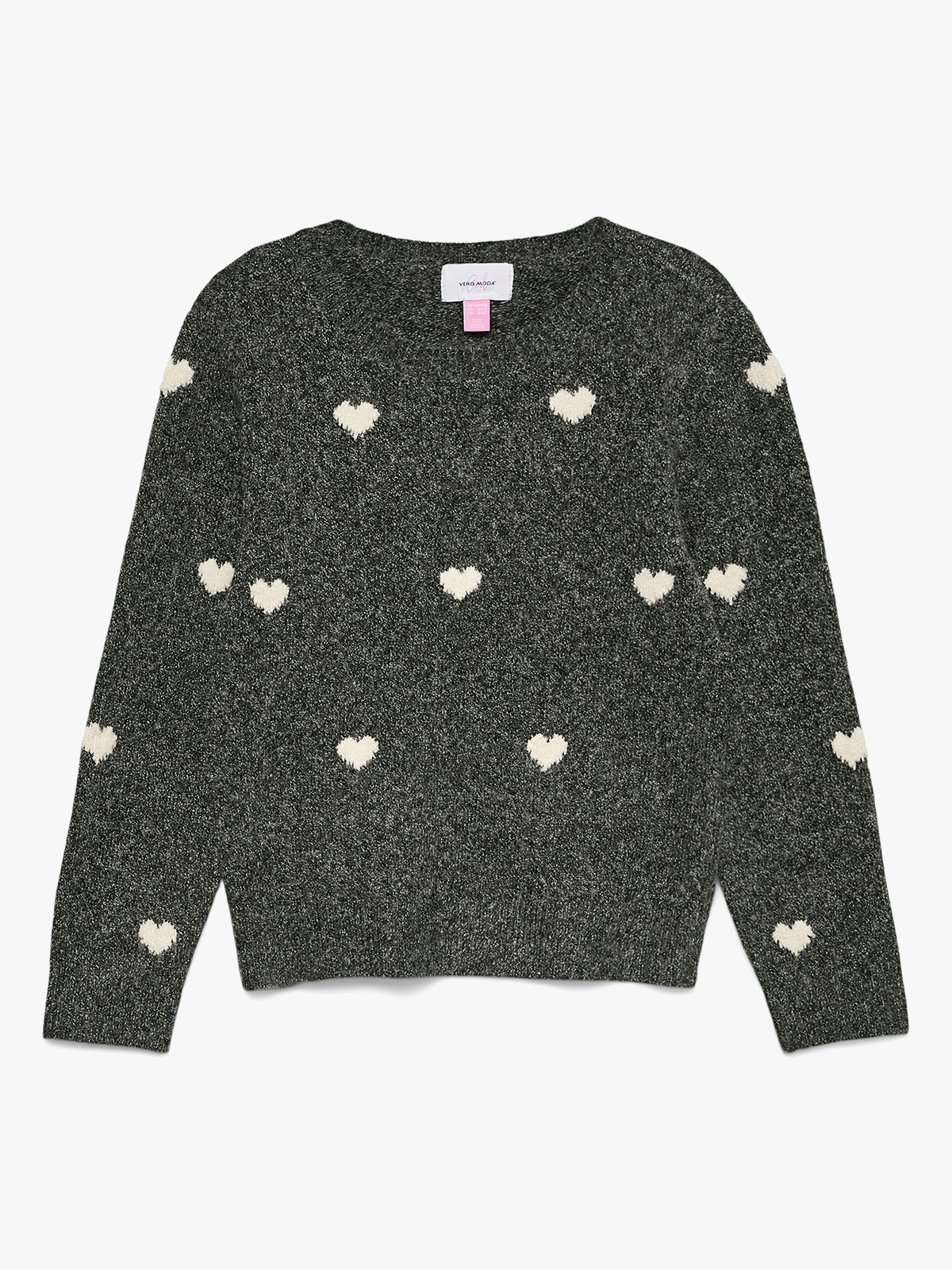 Vero Moda Girl Doffy Intarsia Long Sleeve O-Nck Pullover Dark Grey Melange W. White Hearts