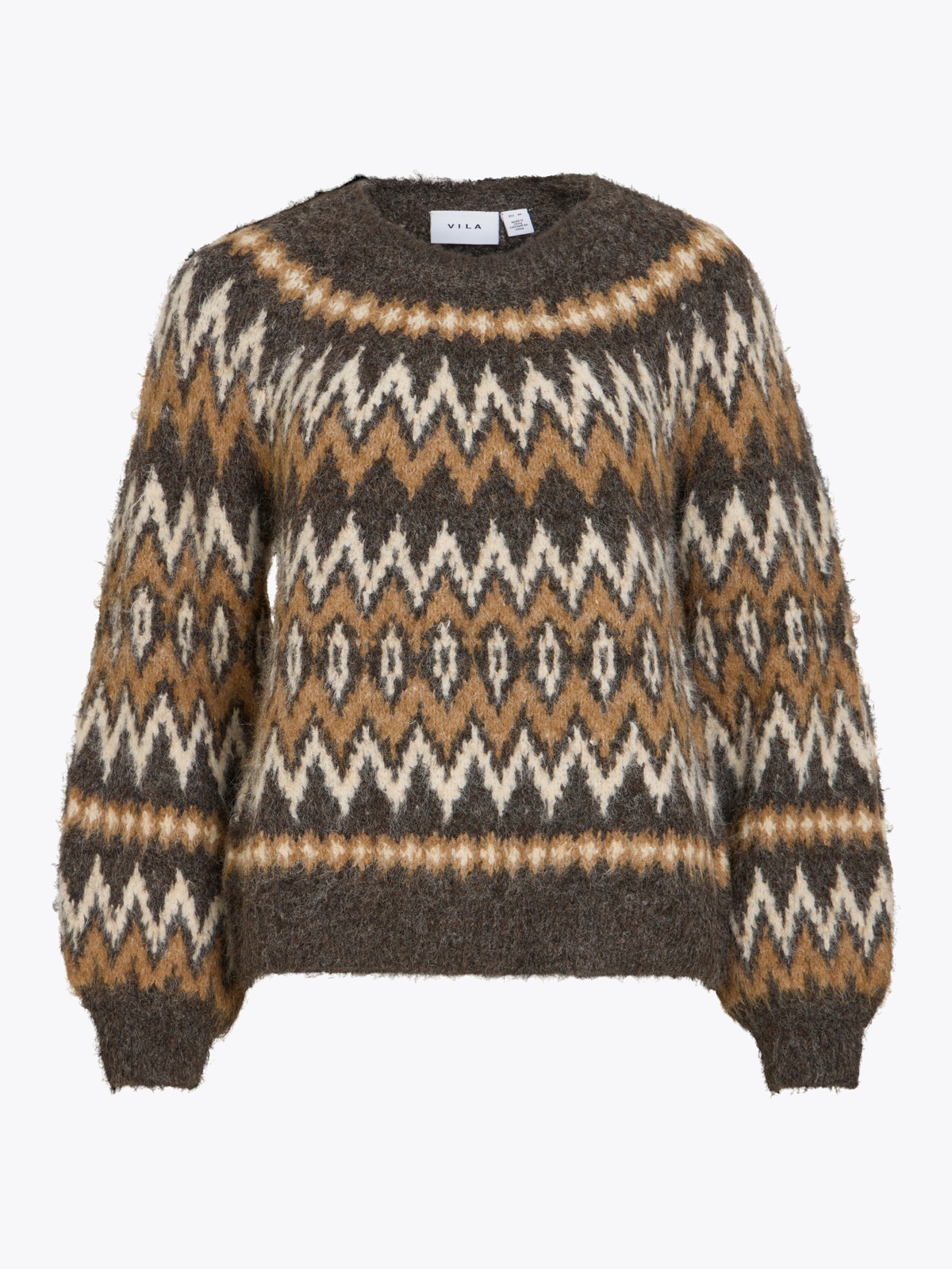 Vila Bows O-Neck Long Sleeve Jaquard Knit Top Coffee Bean
