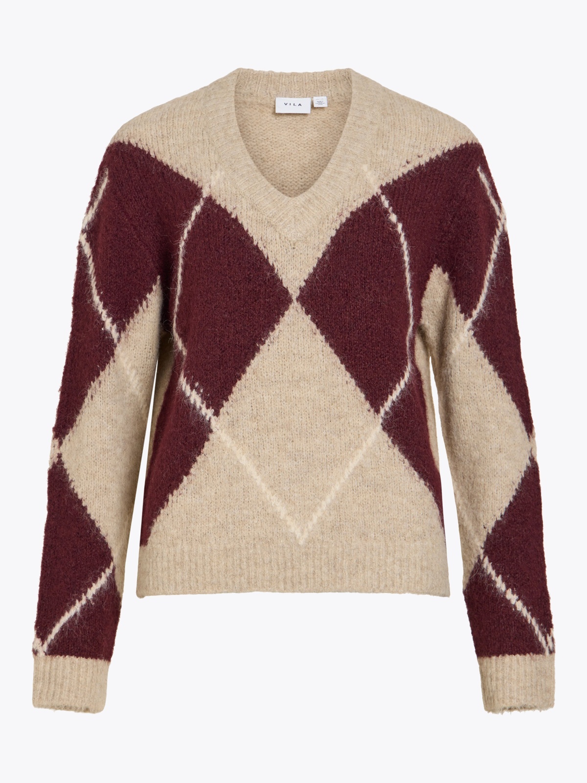 Vila Tolise V-neck Long Sleeve Check Knit Top Natural Melange PORT ROYALE/BIRCH
