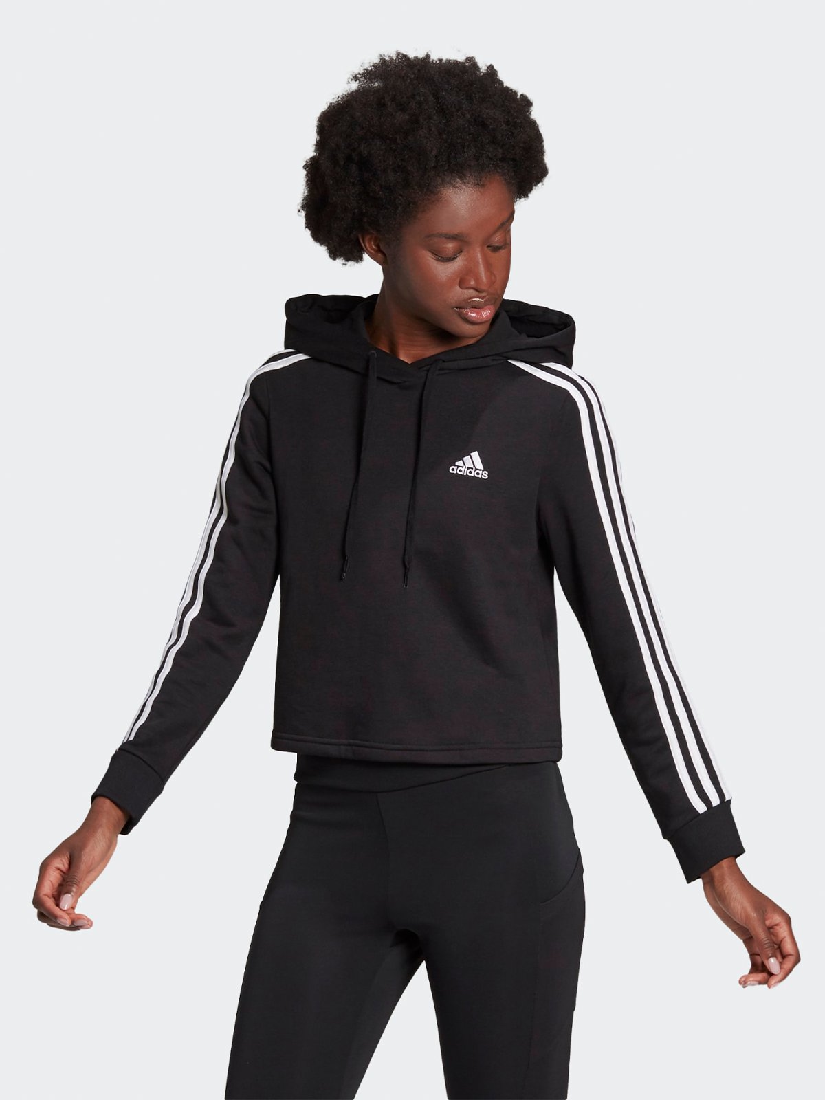 adidas 3-Stripes Full Zip Crop Hoodie Black / White