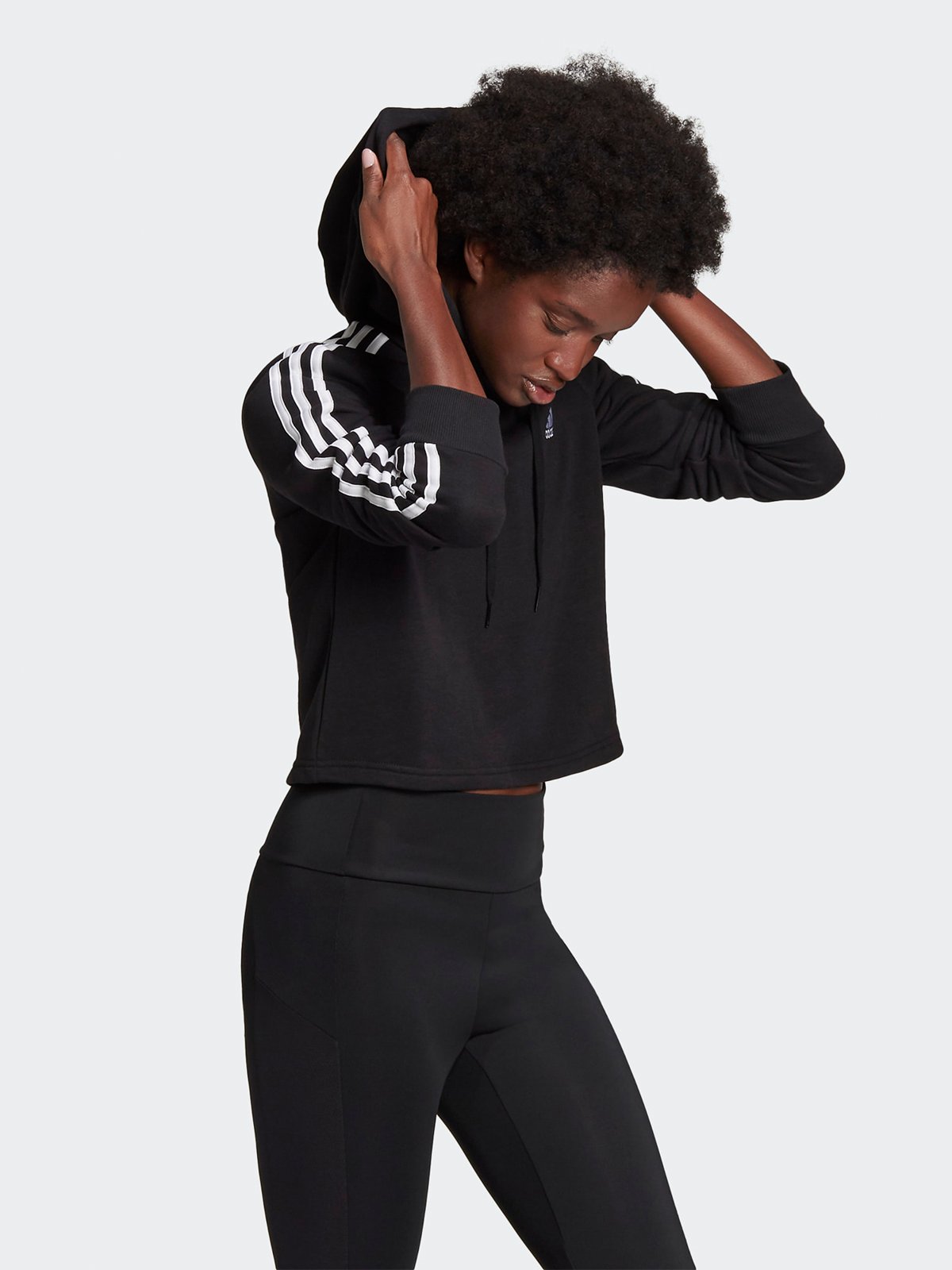 adidas 3-Stripes Full Zip Crop Hoodie Black / White
