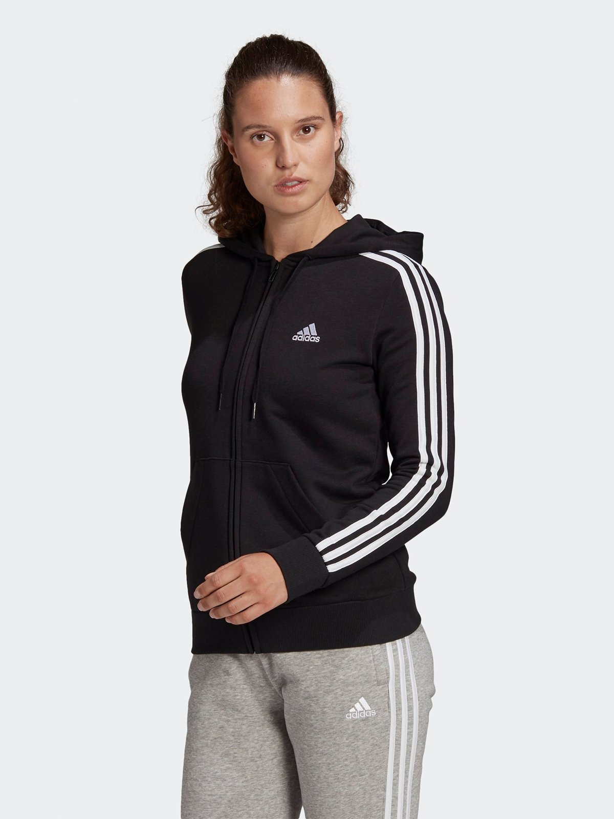 adidas Fleece 3-Stripes Full Zip Hoodie Black / White