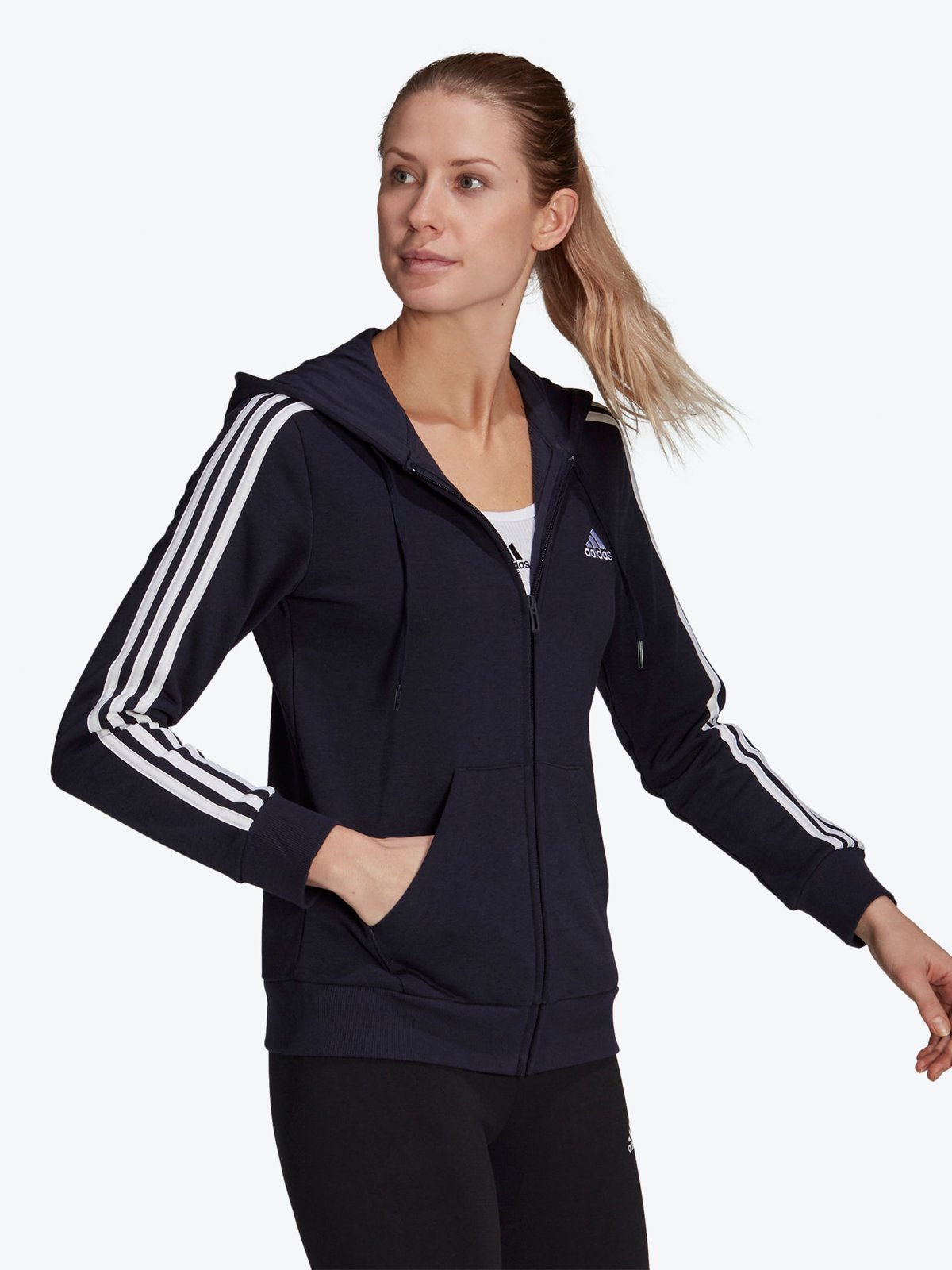 adidas Fleece 3-Stripes Full Zip Hoodie Legend Ink / White