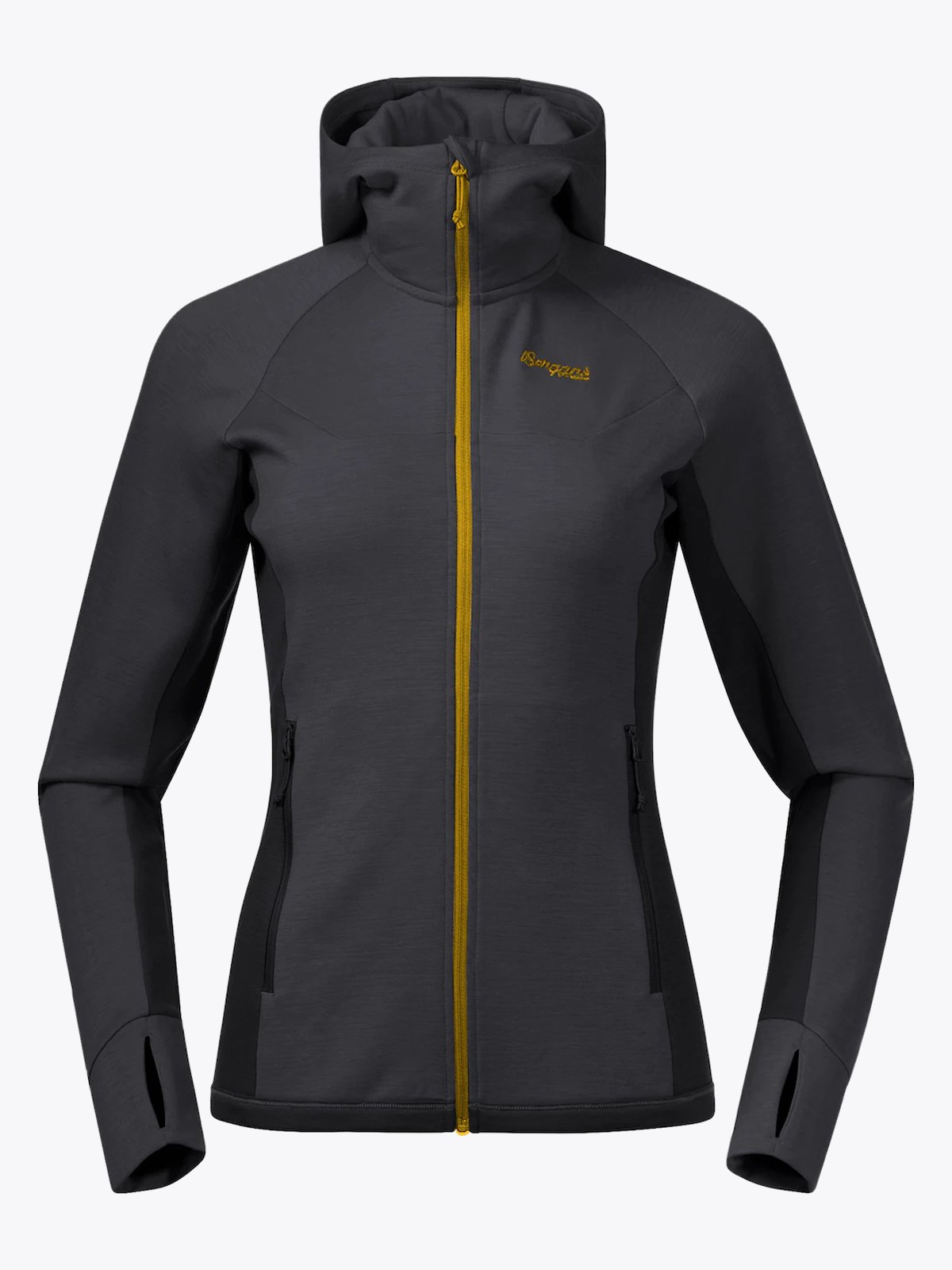 Bergans Cecilie Wool Hood Jacket Solid Charcoal / Black / Light Golden Yellow