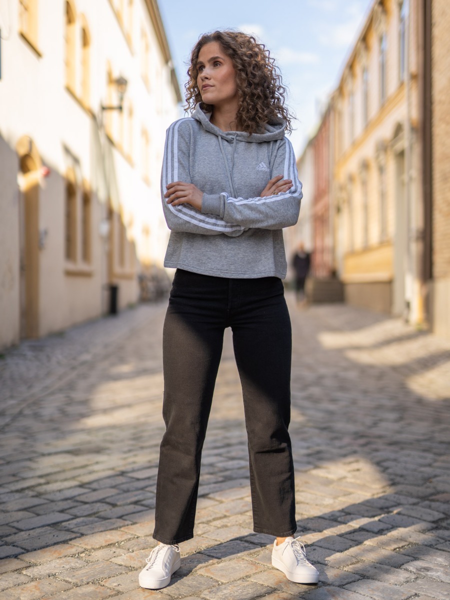 adidas 3Stripes Cropped Hoodie Medium Grey Heather / White