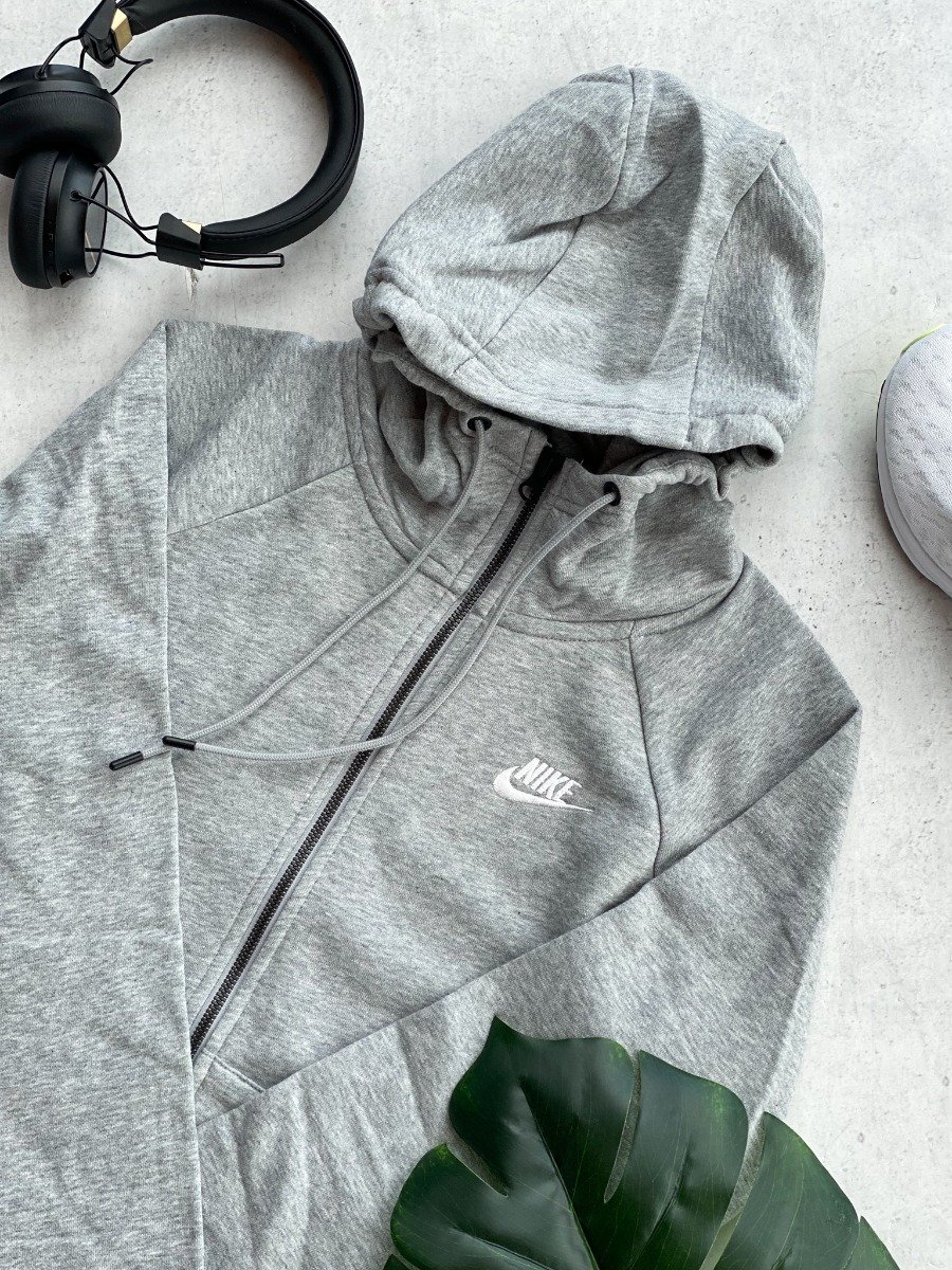 Nike Essential Fleece Full Zip Hoodie Dark Grey Heather/ Matte Silver/ White