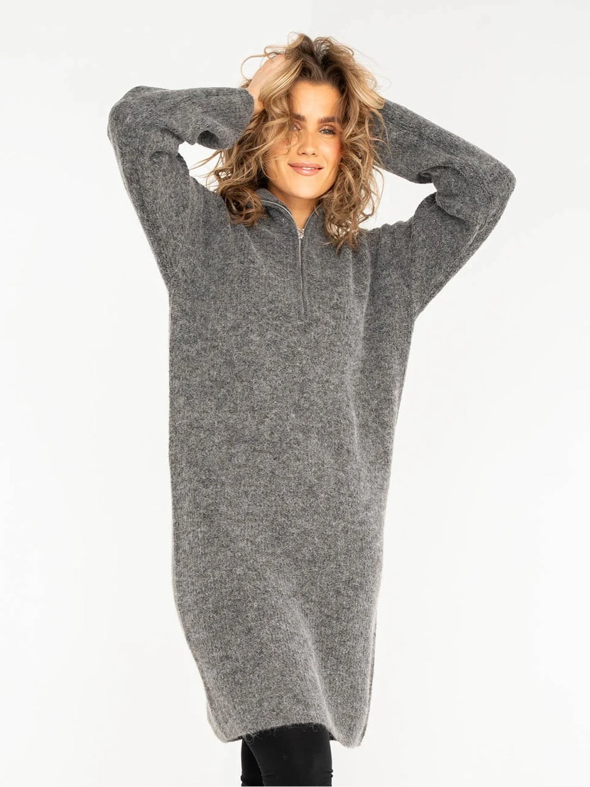 Selected Femme Sia Ras Long Zipper Knit Dress Medium Grey Melange