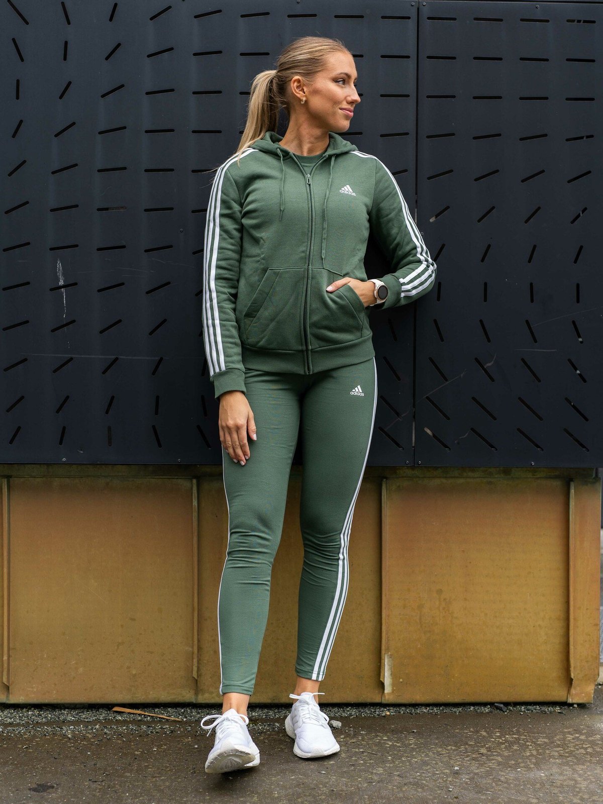 adidas 3-Stripes French Terry Full Zip Hoodie Green Oxide / White