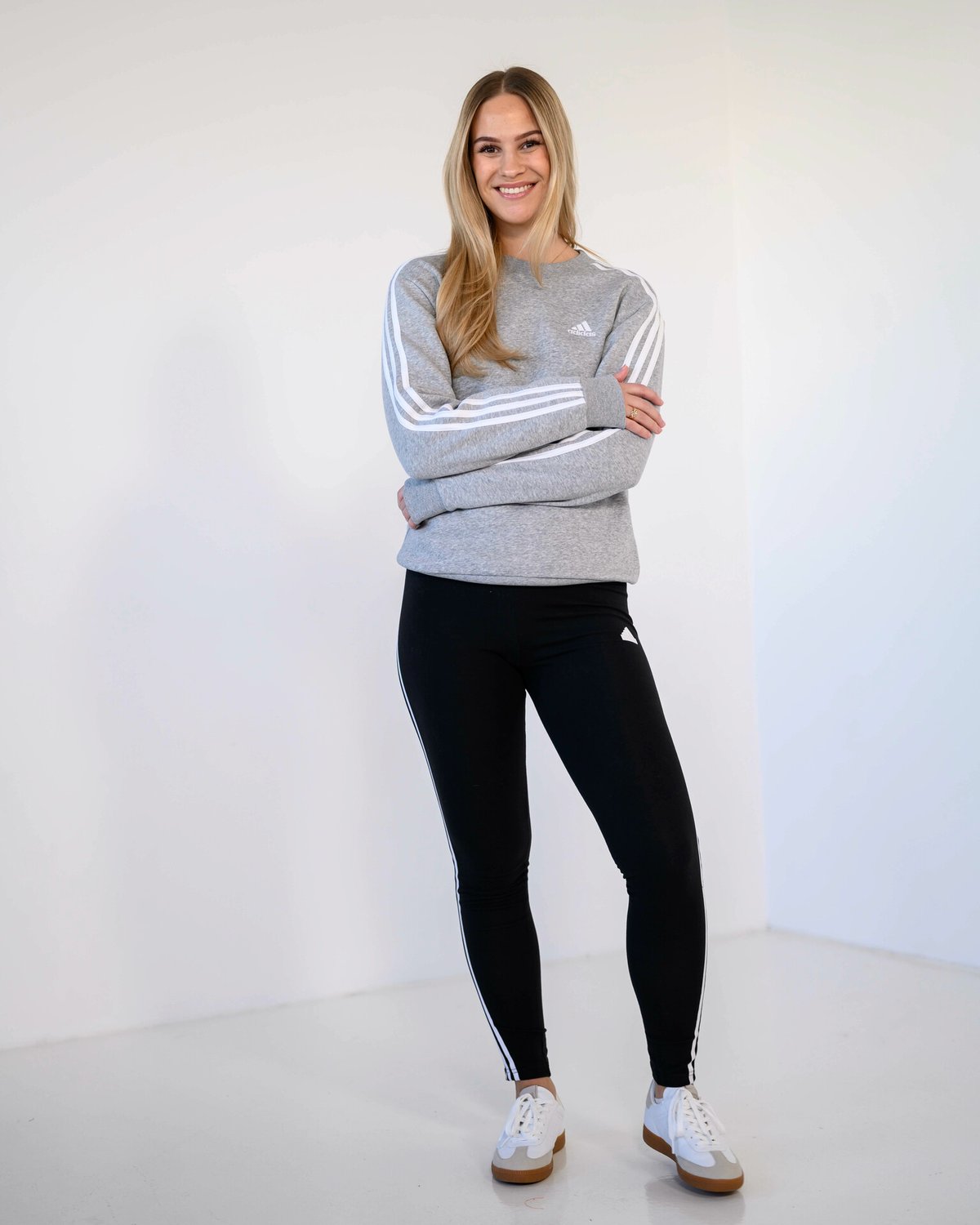adidas 3-Stripes Fleece Crew Melange Grey / White