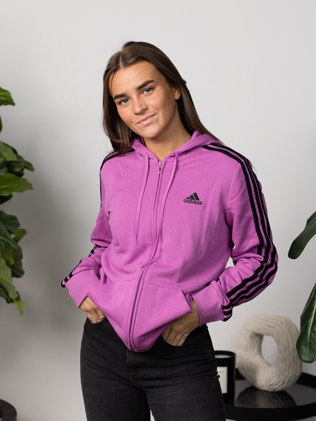adidas Fleece 3-Stripes Full Zip Hoodie Semi Pulse Lilac / Black