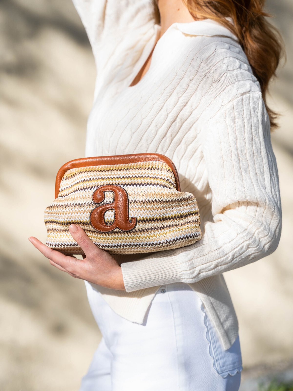 Arnie Says Raffia Clutch Stripe Ecru Combo