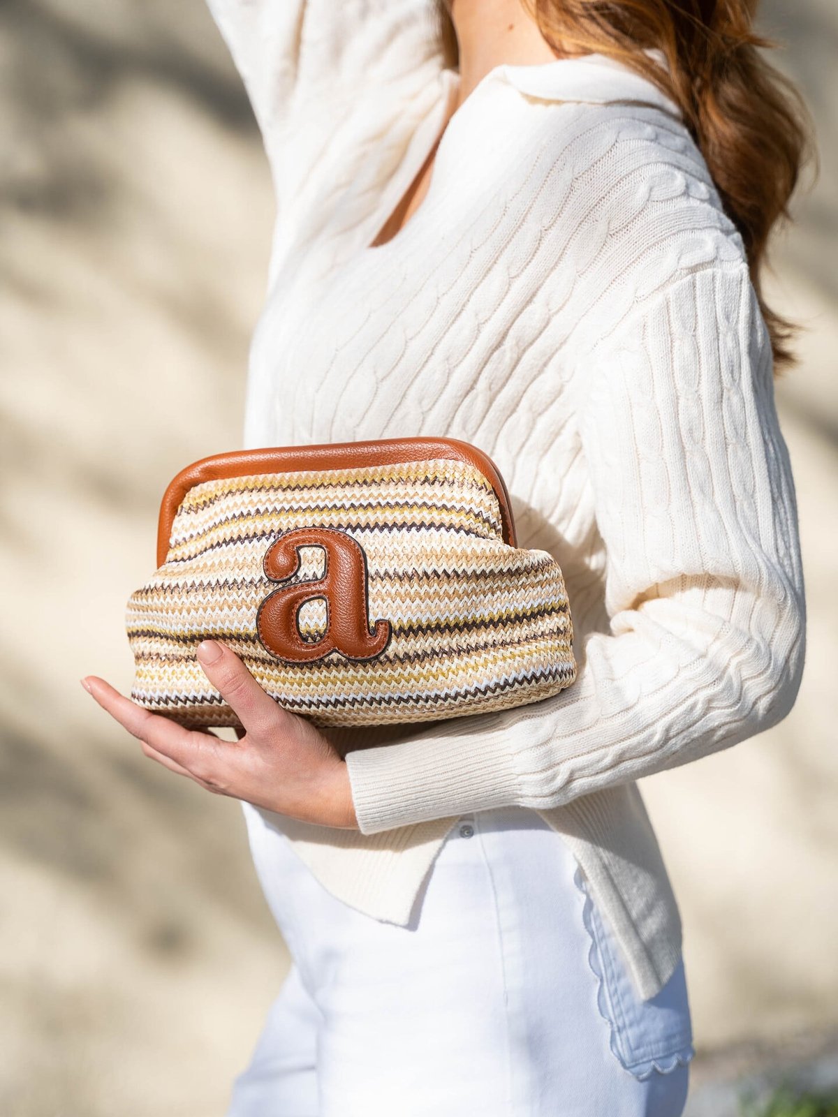 Arnie Says Raffia Clutch Stripe Ecru Combo