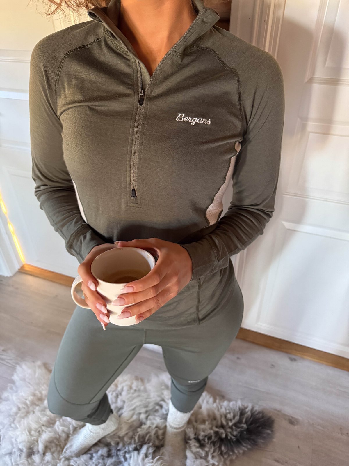 Bergans Inner:Pure Merino Half Zip Women Green Mud / Creme