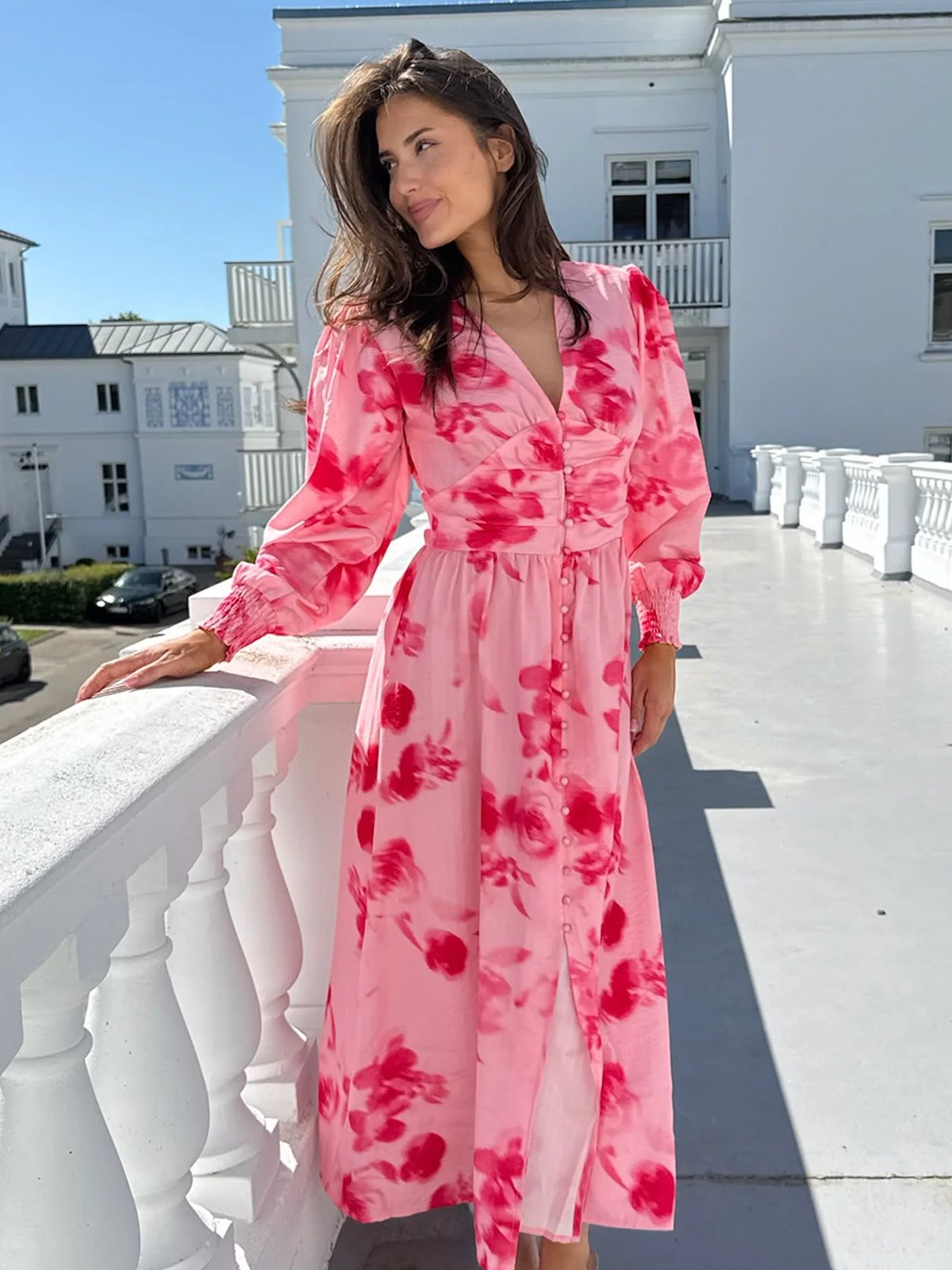 BYIC Adel Long Dress Abstract Pink Flower Print