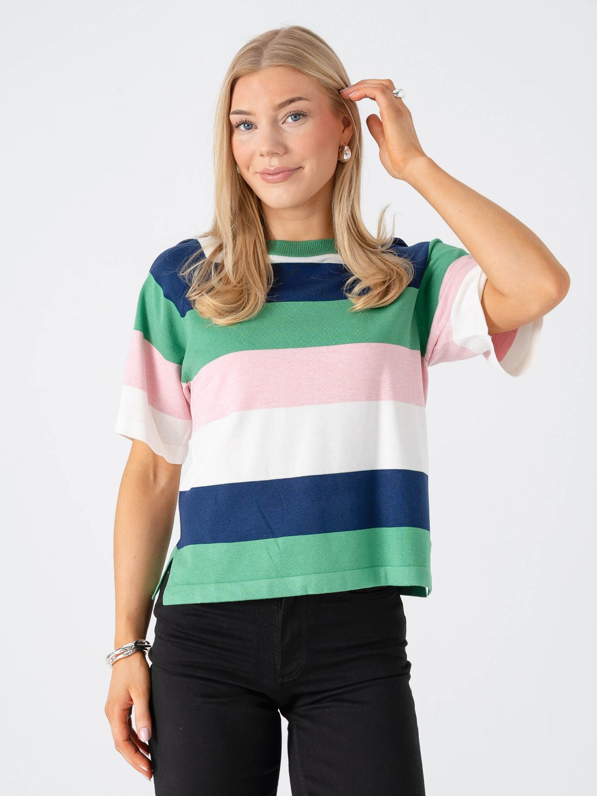 B.YOUNG Morla Short Sleeve Jumper 2 Parfait Pink Block Stripe