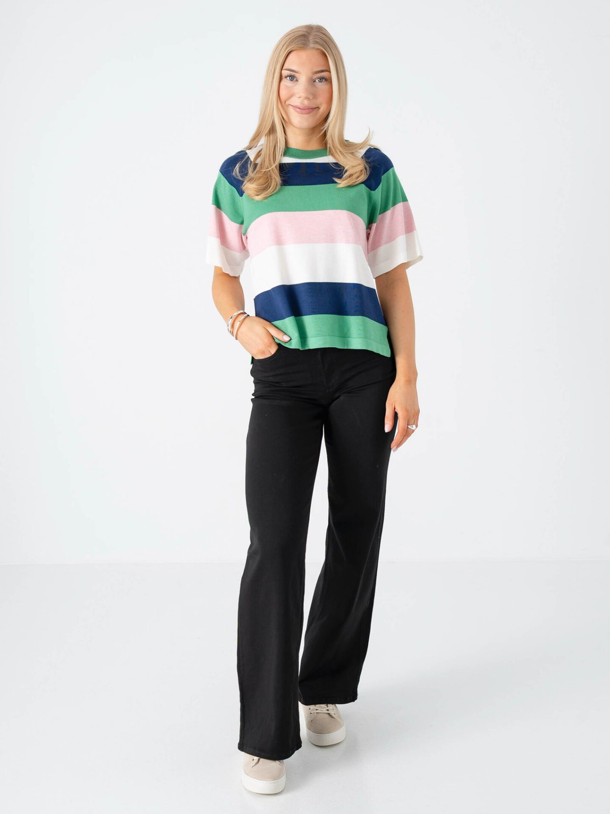 B.YOUNG Morla Short Sleeve Jumper 2 Parfait Pink Block Stripe