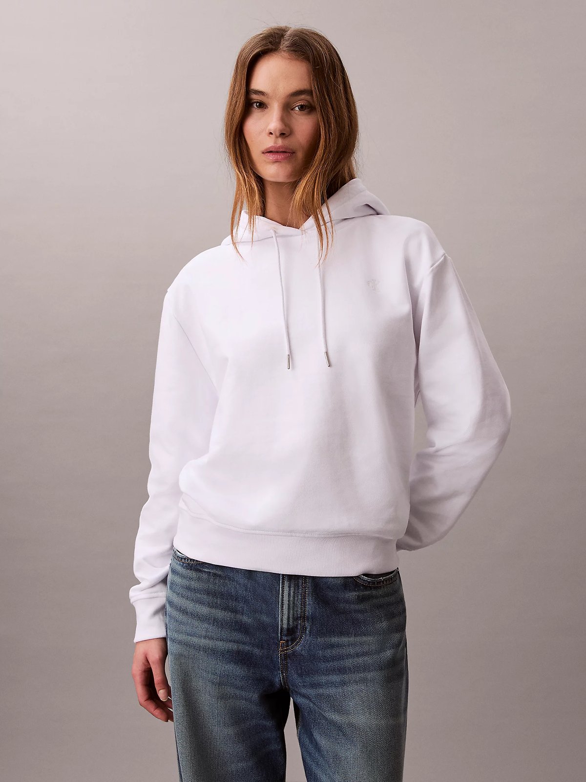 Calvin Klein Long Sleeve Relaxed Mono French Terry Hood Bright White