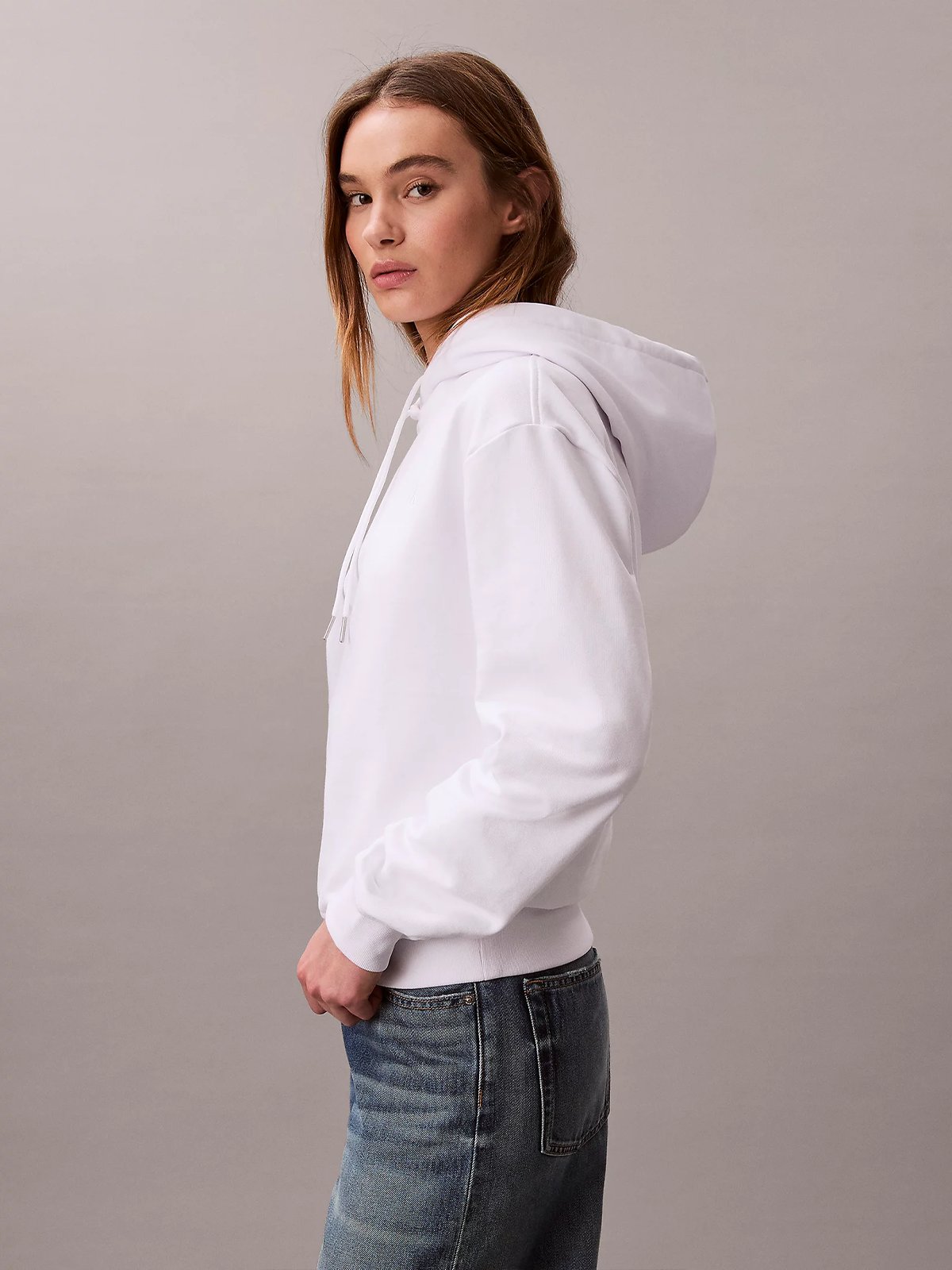 Calvin Klein Long Sleeve Relaxed Mono French Terry Hood Bright White