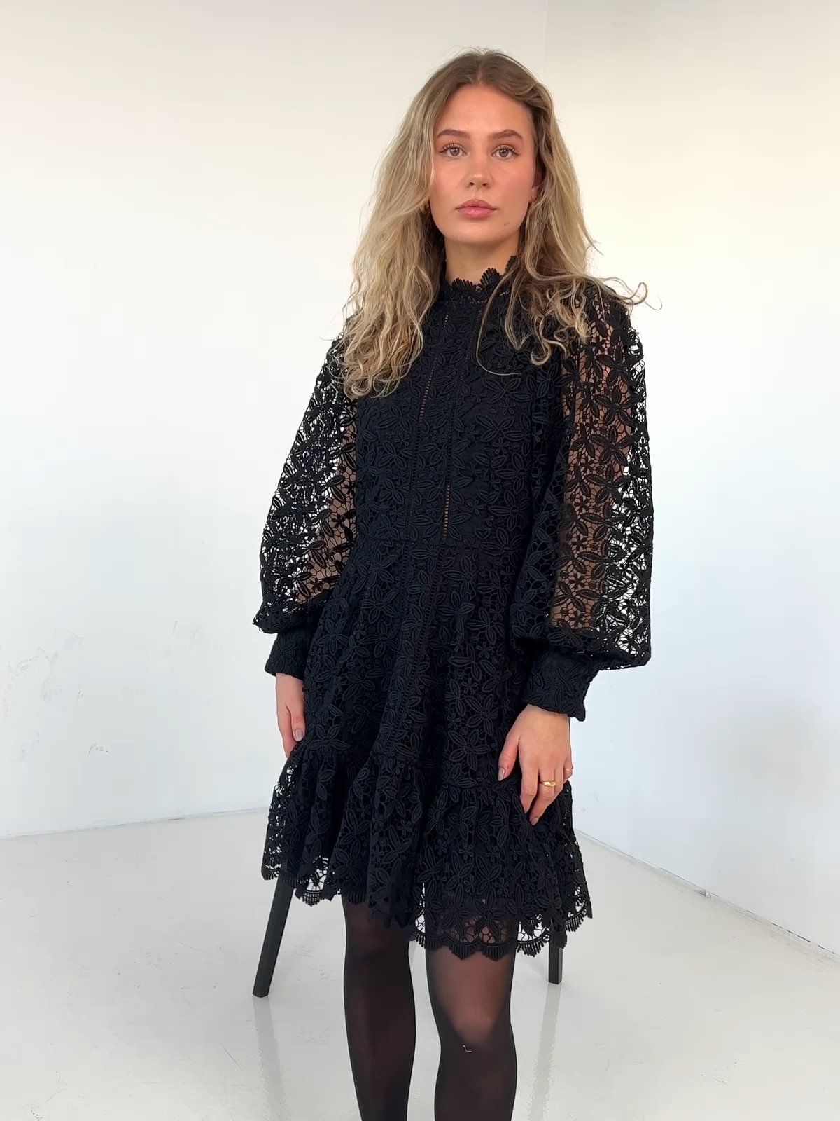 Selected Femme Silja Long Sleeve Embroidery Short Dress Black