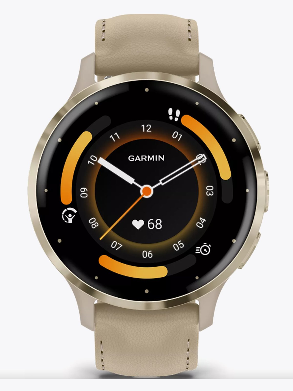Garmin Venu 3S Cream Gold Stainless Steel Bezel with French Gray Case and Leather Band