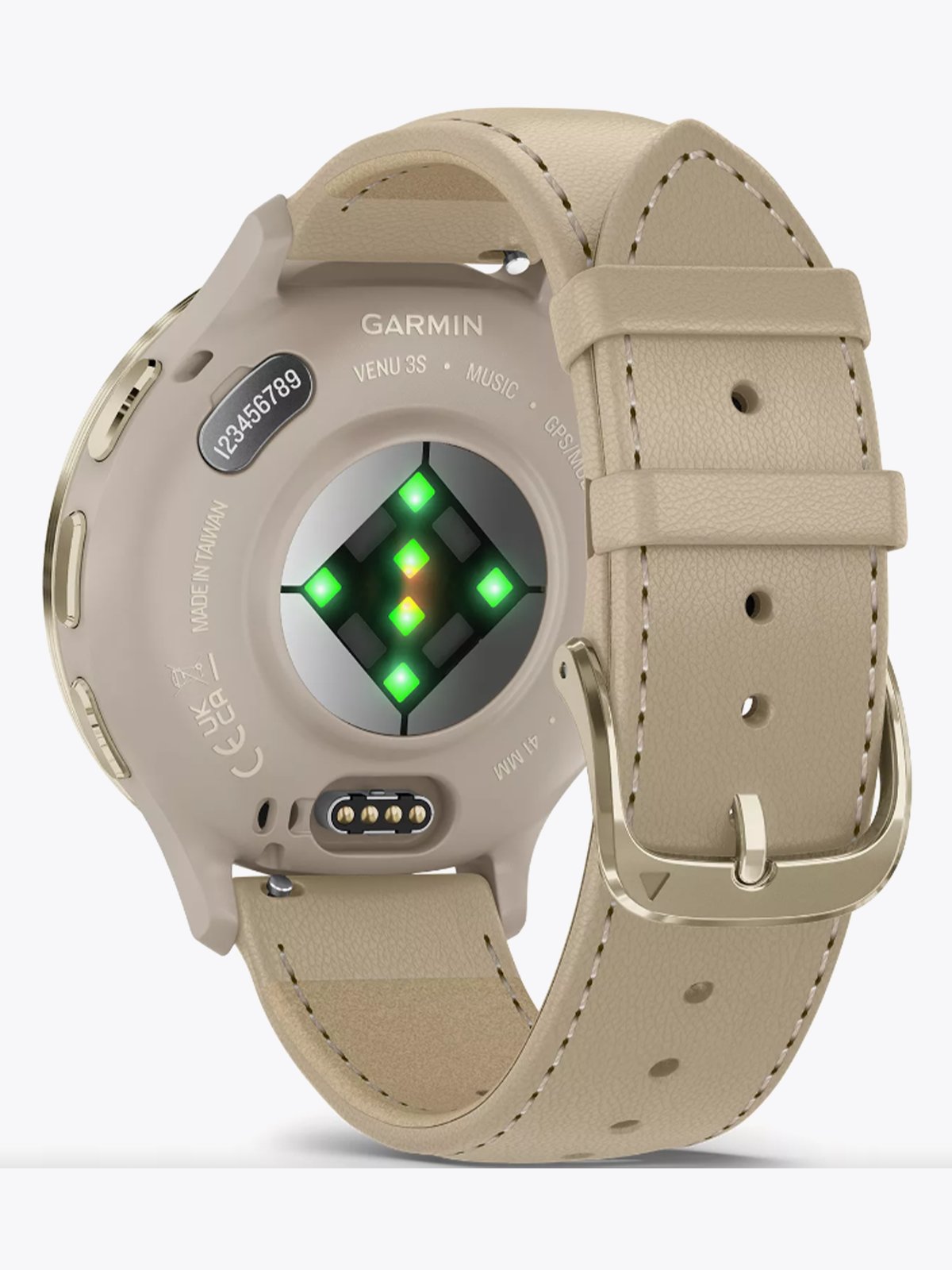 Garmin Venu 3S Cream Gold Stainless Steel Bezel with French Gray Case and Leather Band