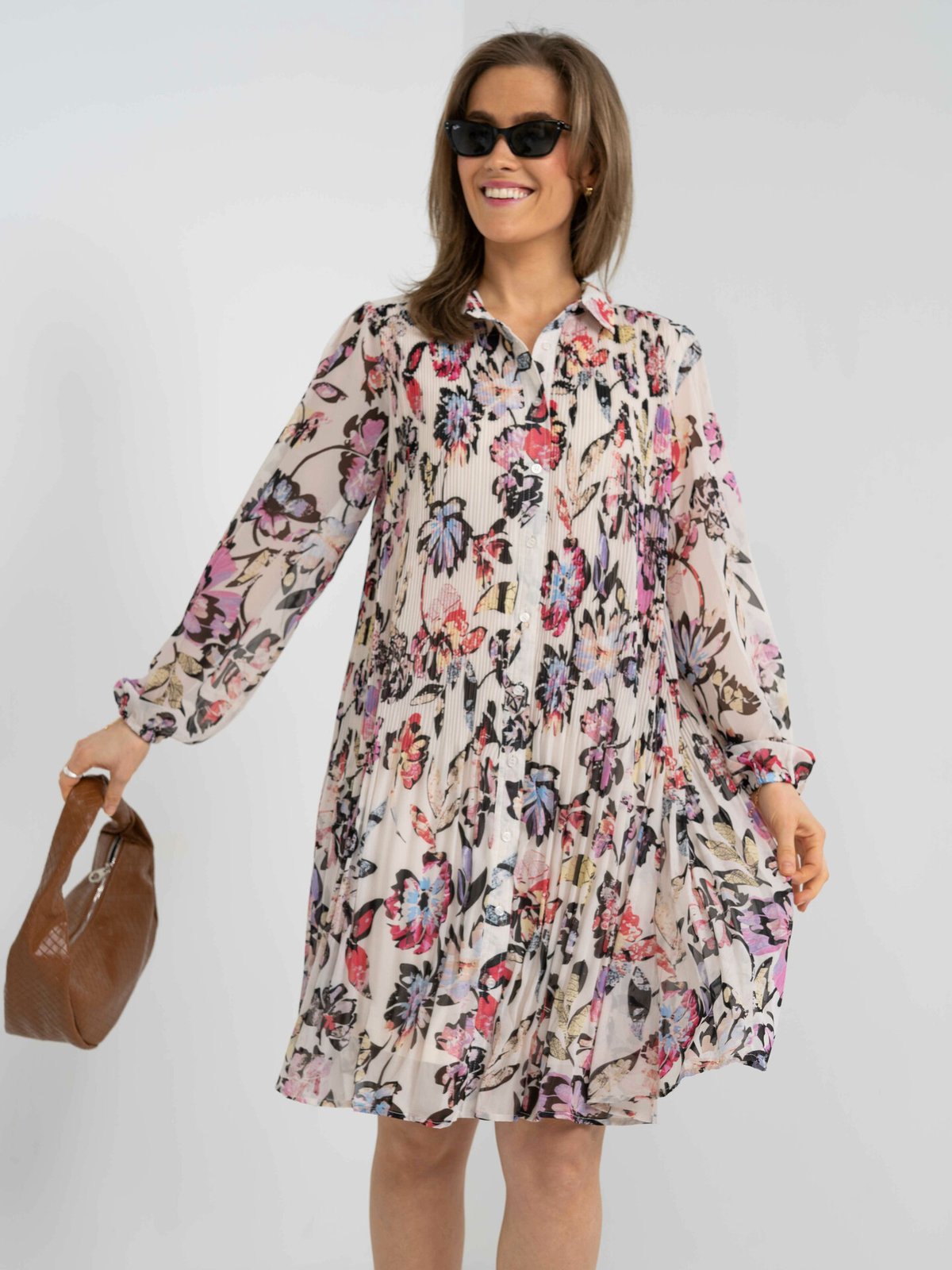 Ichi Elly Dress Crystal Gray Collage Print