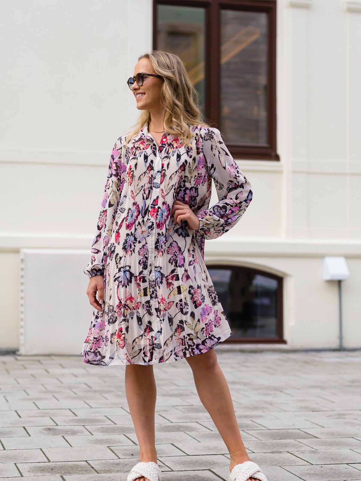 Ichi Elly Dress Crystal Gray Collage Print