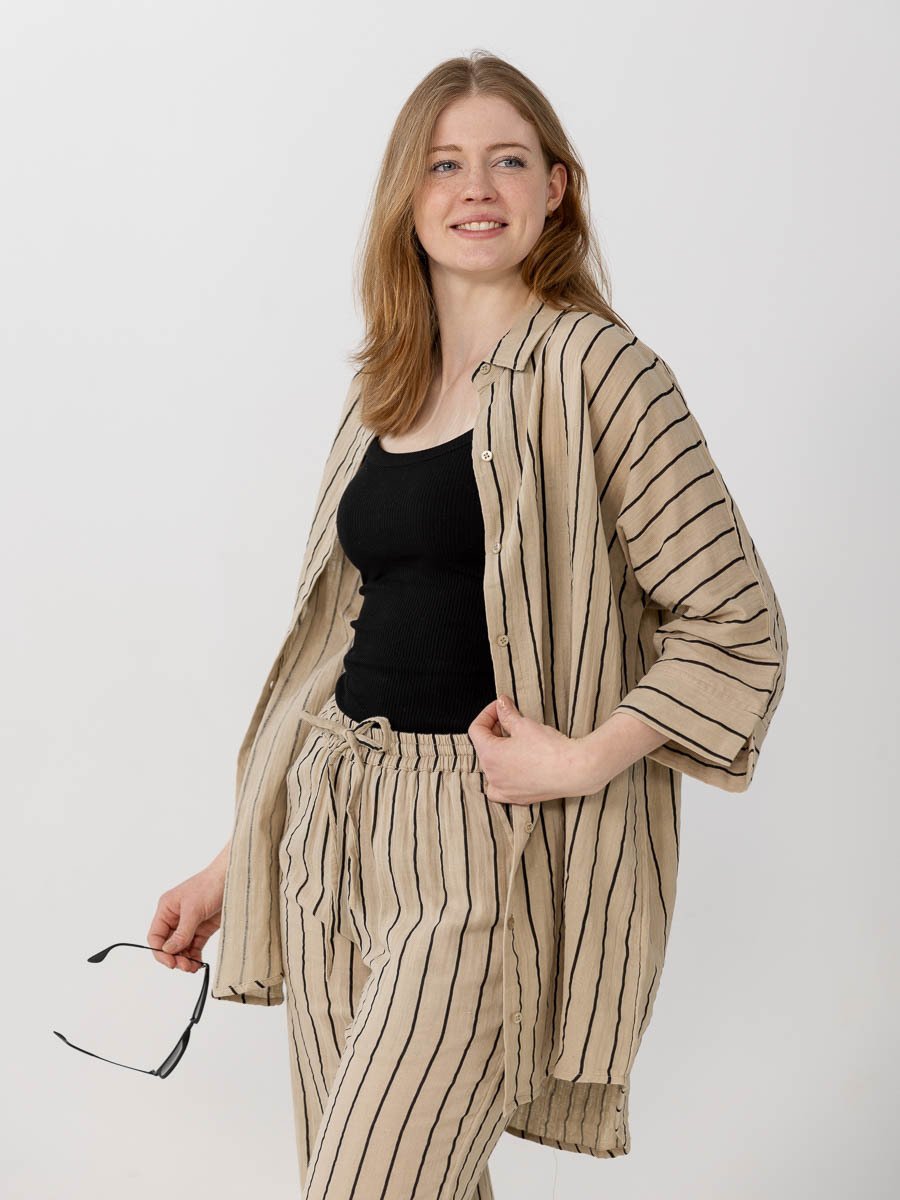 Ichi Foxa Striped Beach Shirt Doeskin/Black Stripe