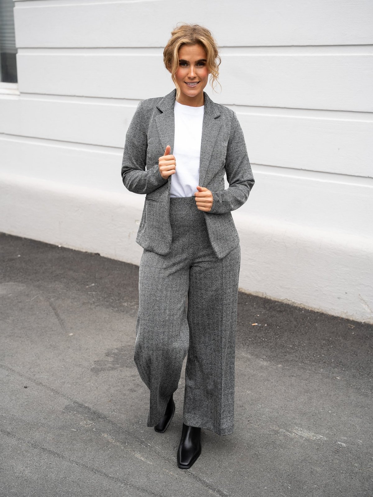 Ichi Kate Jacquard Pant 9 Black/White Herringbone