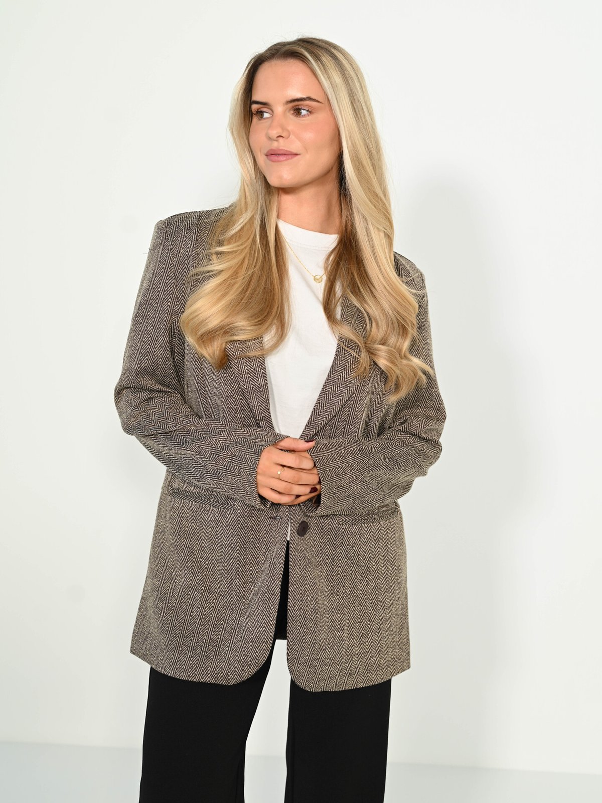 Ichi Kate Jaquard Oversize Blazer Java/Almond Milk Herringbone