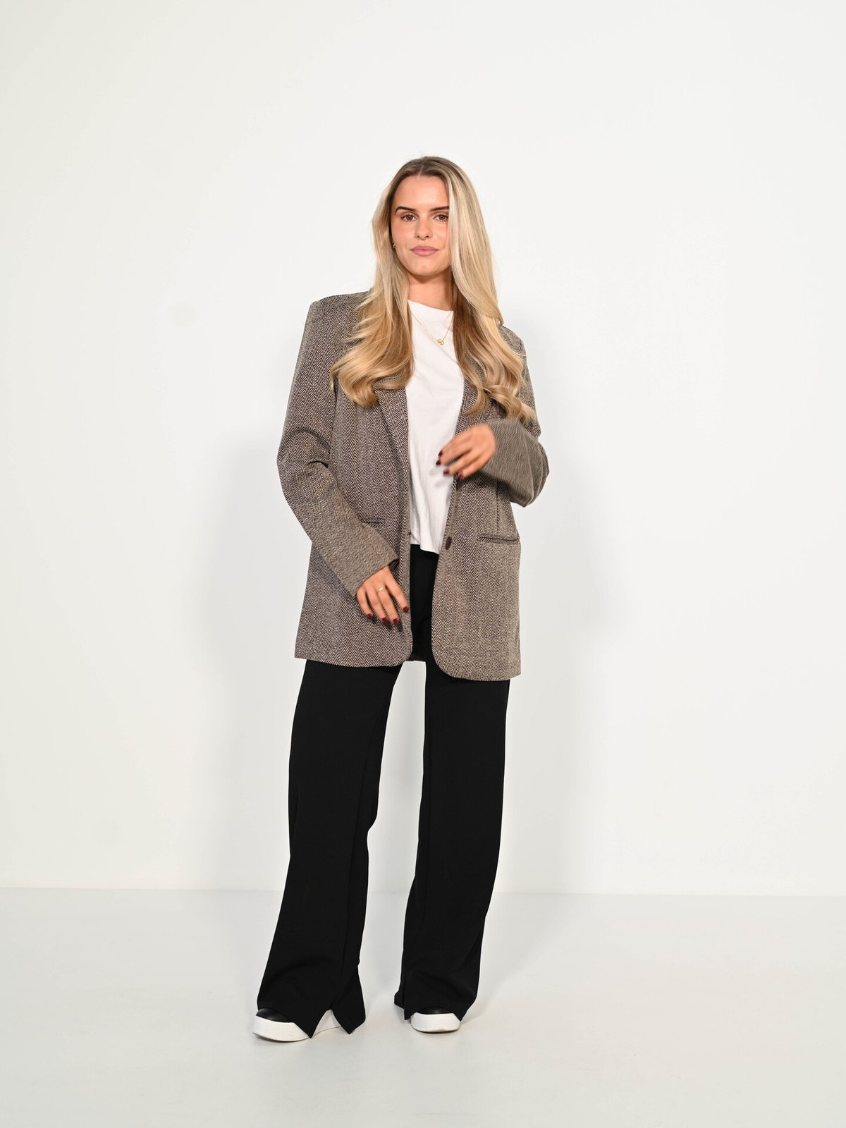 Ichi Kate Jaquard Oversize Blazer Java/Almond Milk Herringbone