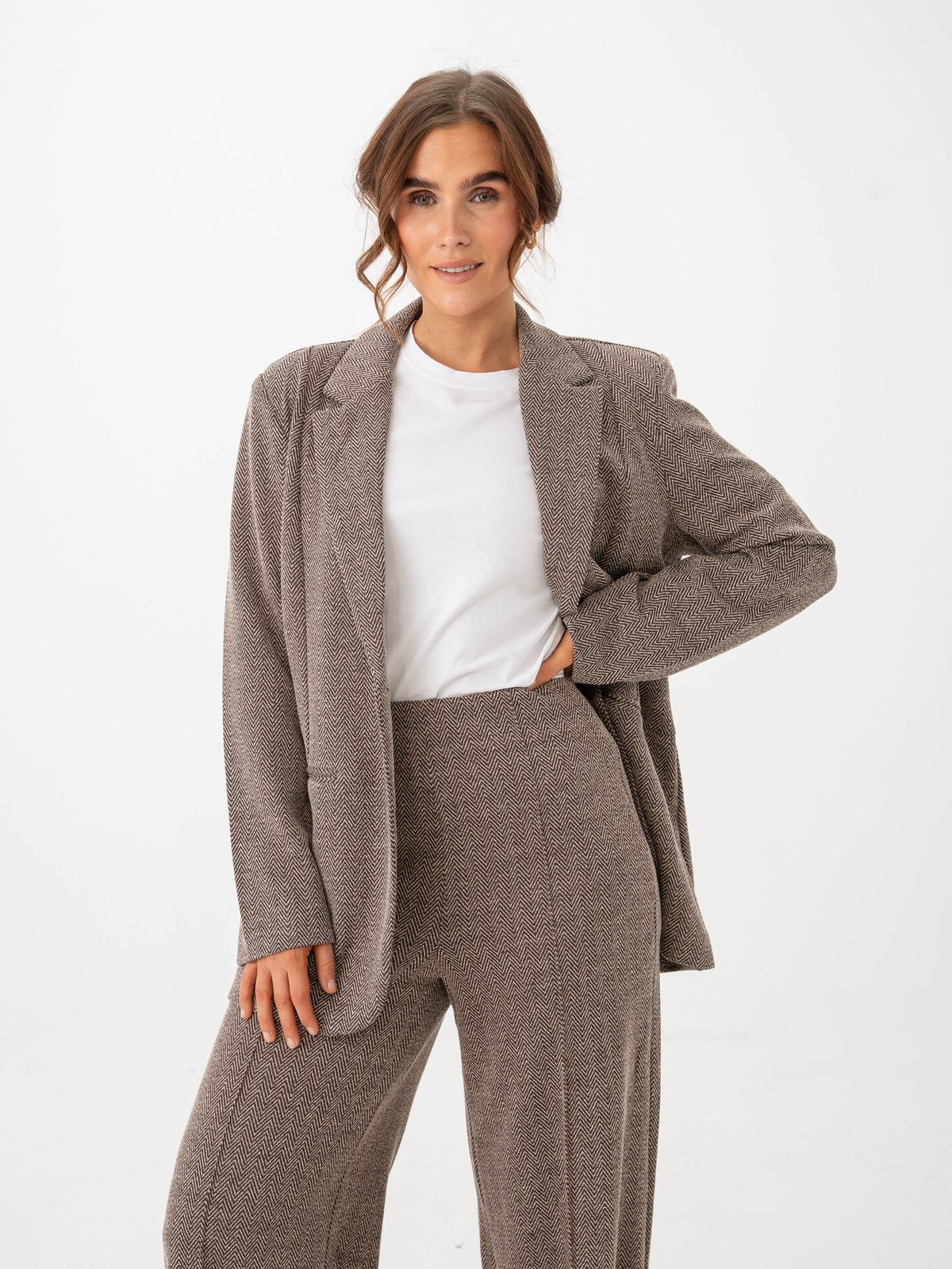 Ichi Kate Jaquard Oversize Blazer Java/Almond Milk Herringbone