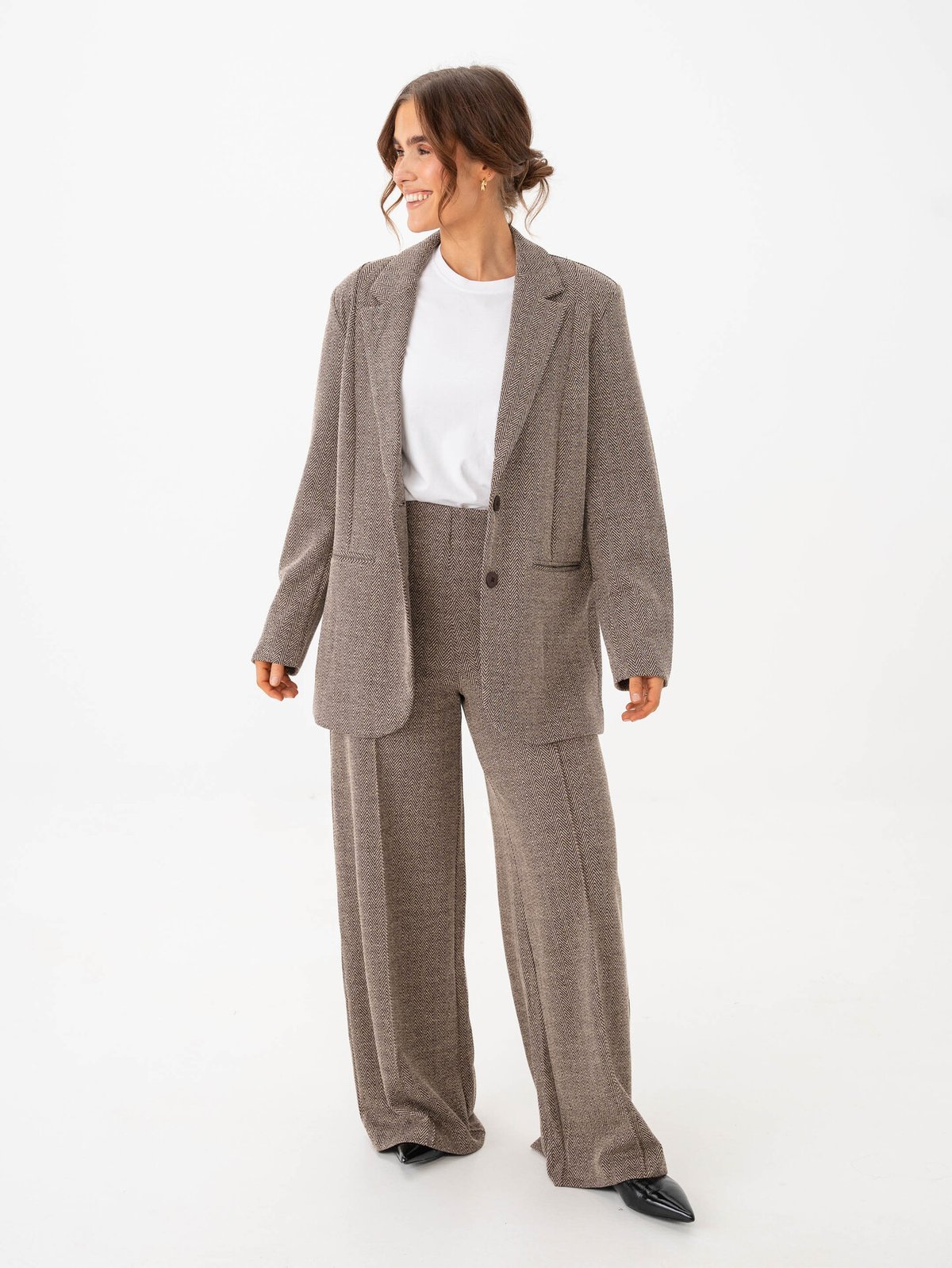 Ichi Kate Jaquard Oversize Blazer Java/Almond Milk Herringbone