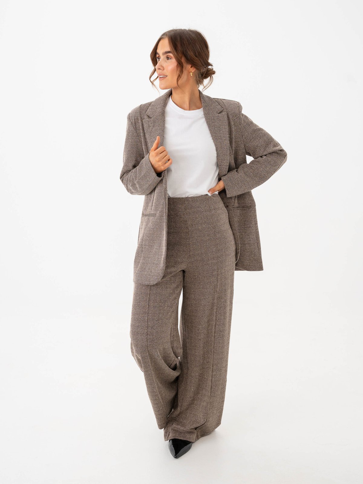 Ichi Kate Jaquard Pant 9 Java/Almond Milk Herringbone
